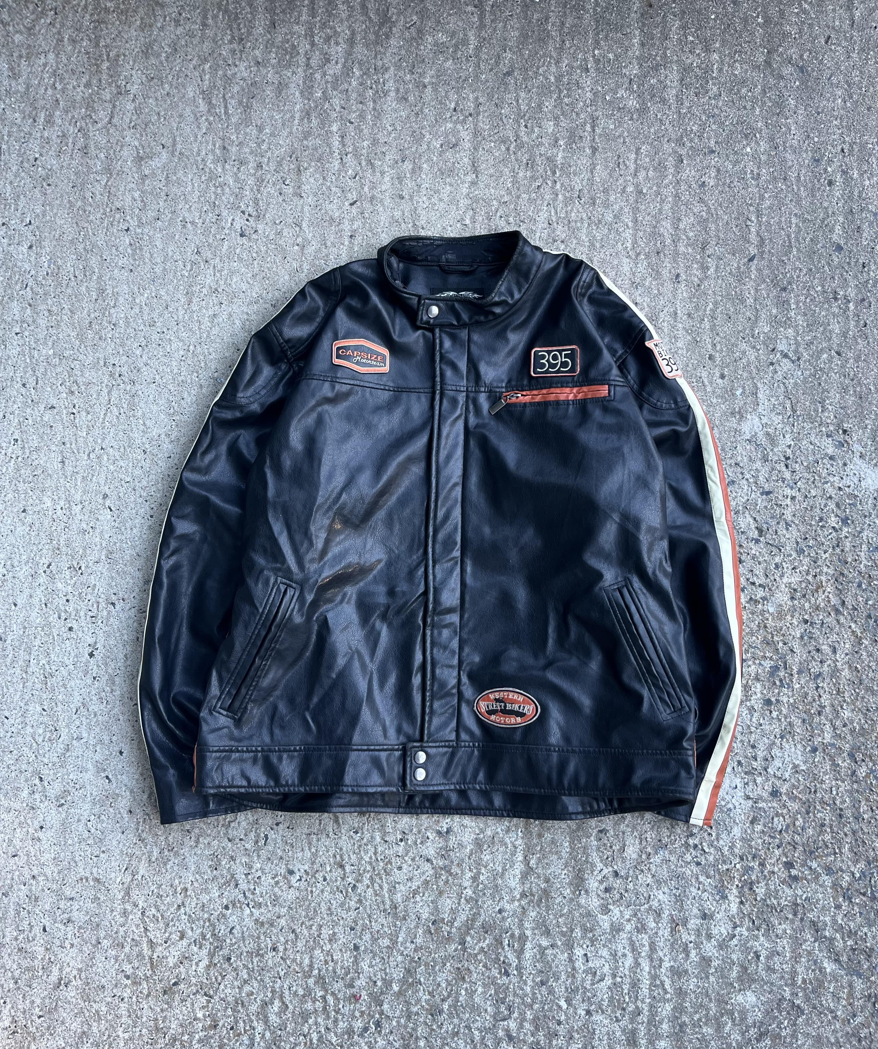 Vintage Y2K Black Capsize Biker Leather Coat (XL)