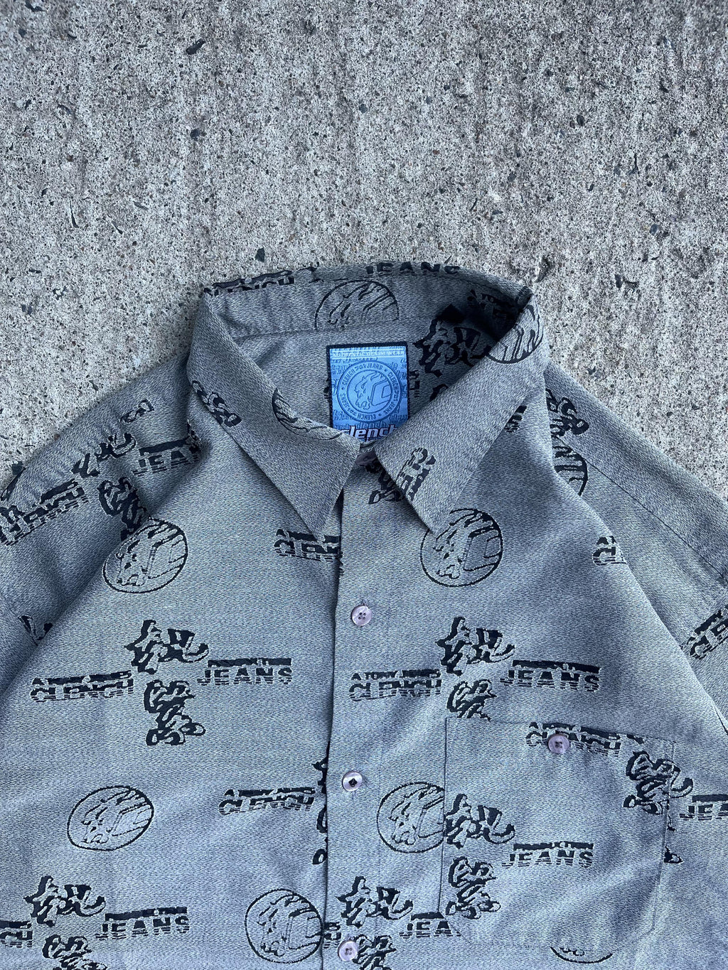 Vintage Y2K Clench Jeans All-Over Print Button-Up (M)