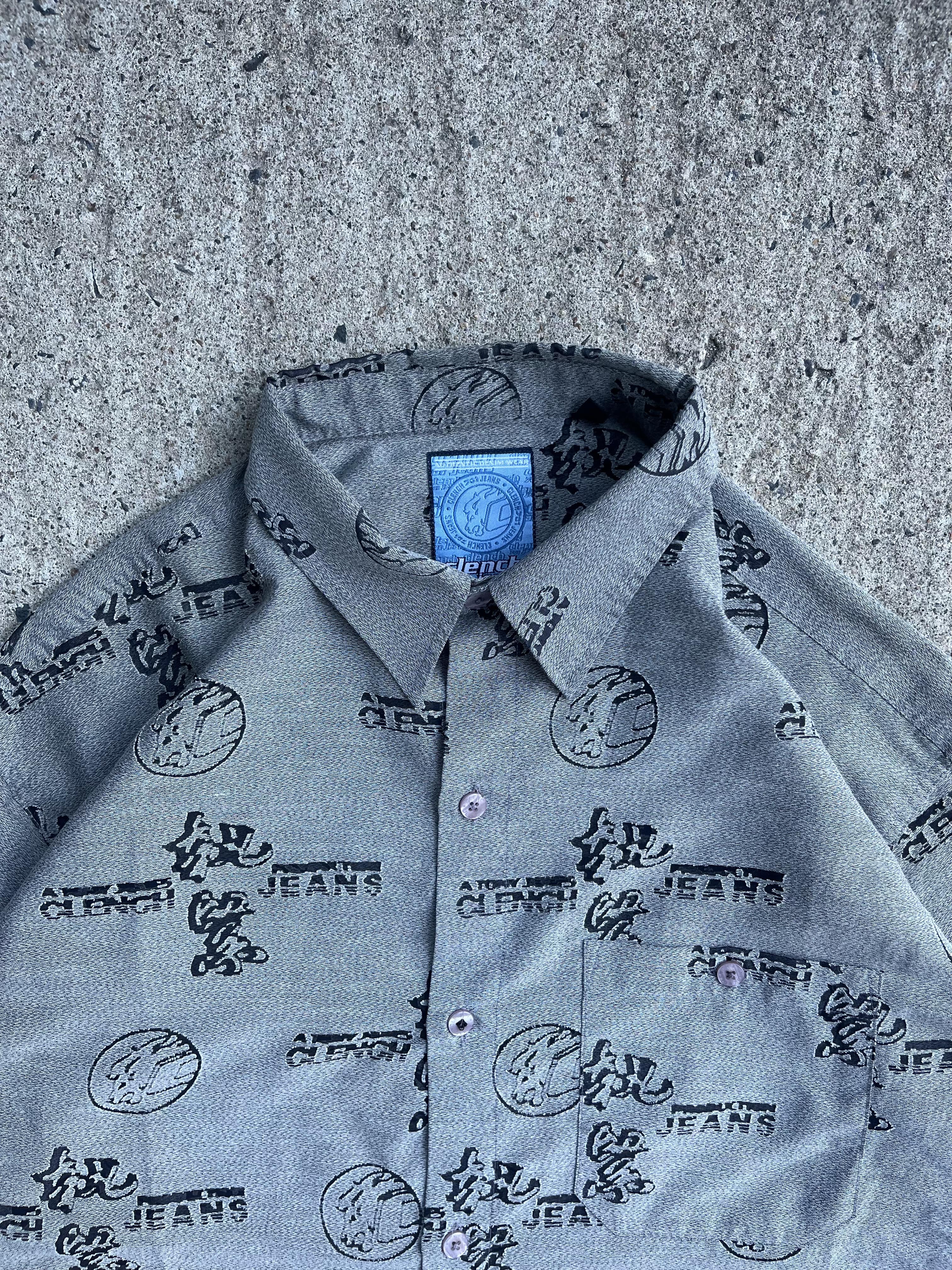 Vintage Y2K Clench Jeans All-Over Print Button-Up (M)