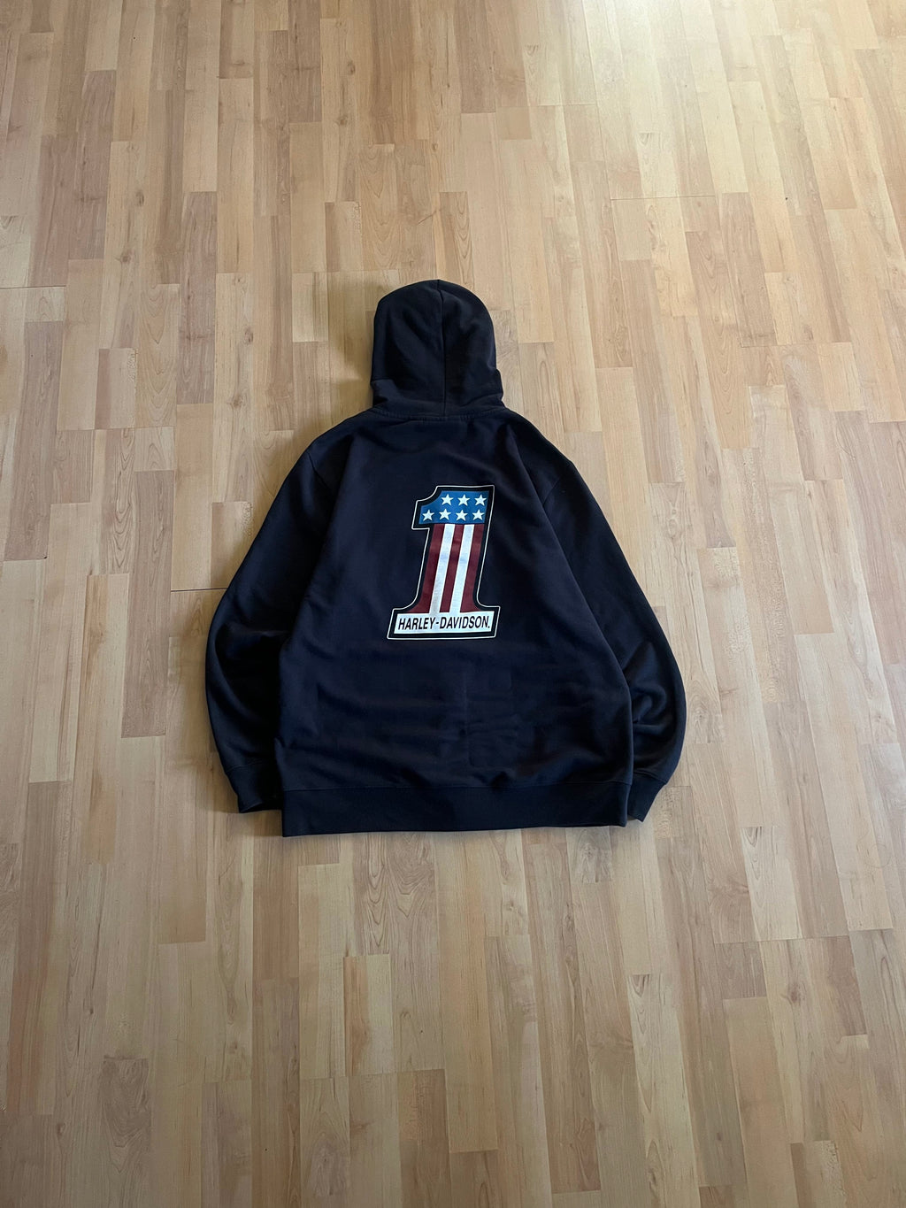 Y2K Black ''1'' American Flag Heavyweight Harley Davidson Bikewear Hoodie (M)