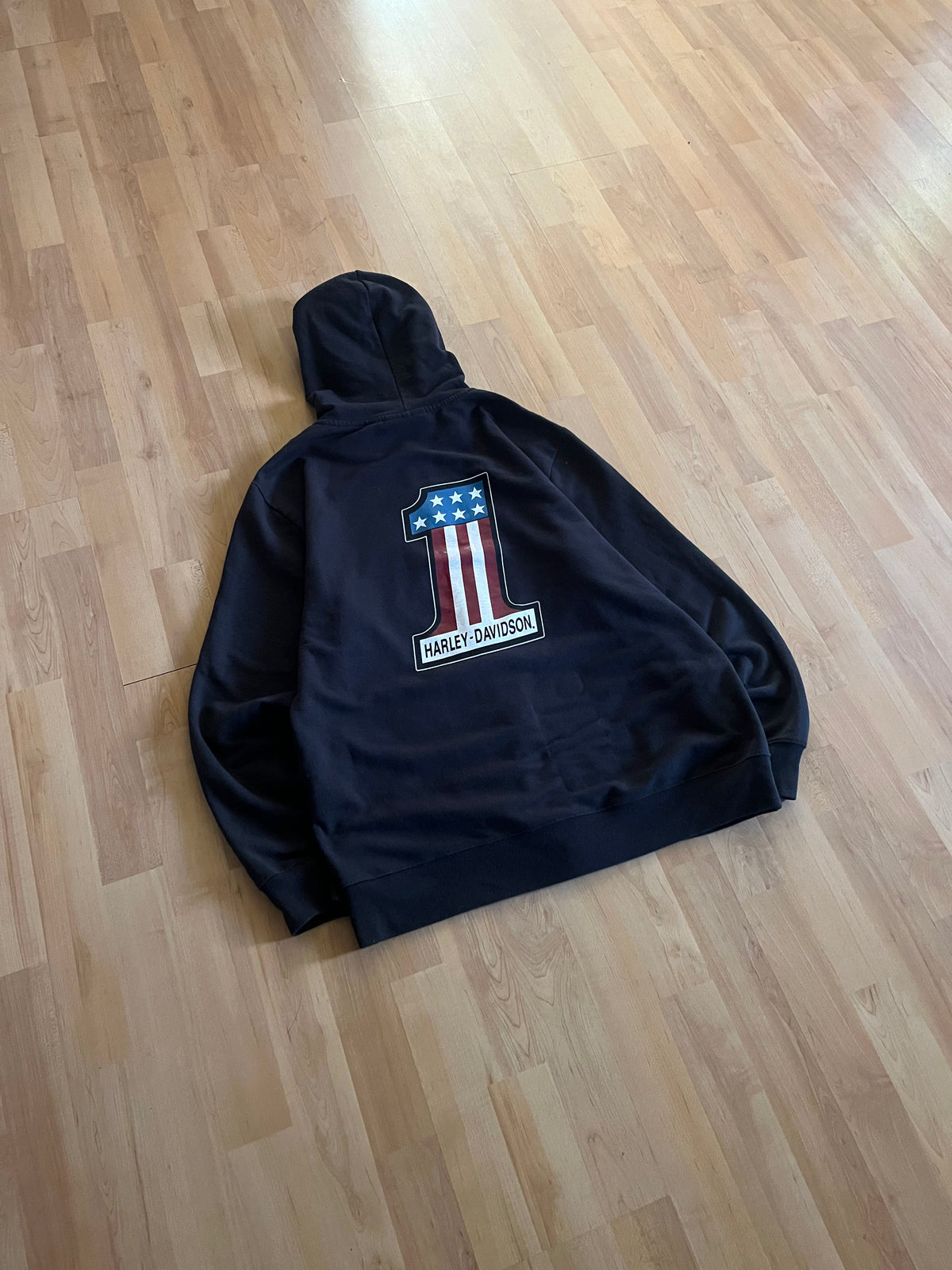 Y2K Black ''1'' American Flag Heavyweight Harley Davidson Bikewear Hoodie (M)