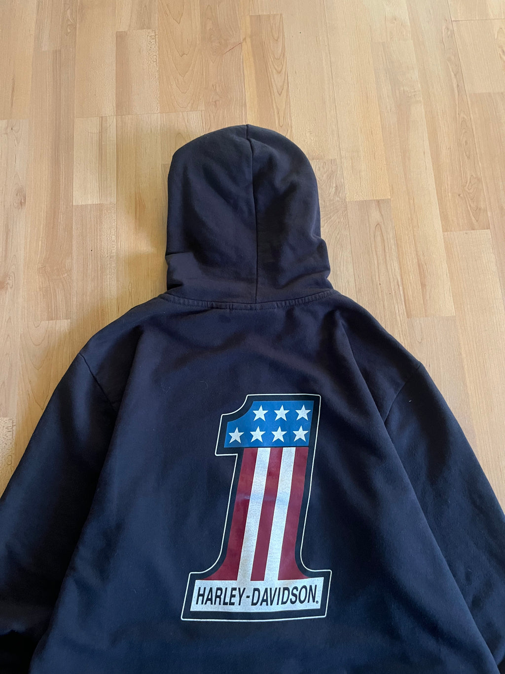 Y2K Black ''1'' American Flag Heavyweight Harley Davidson Bikewear Hoodie (M)