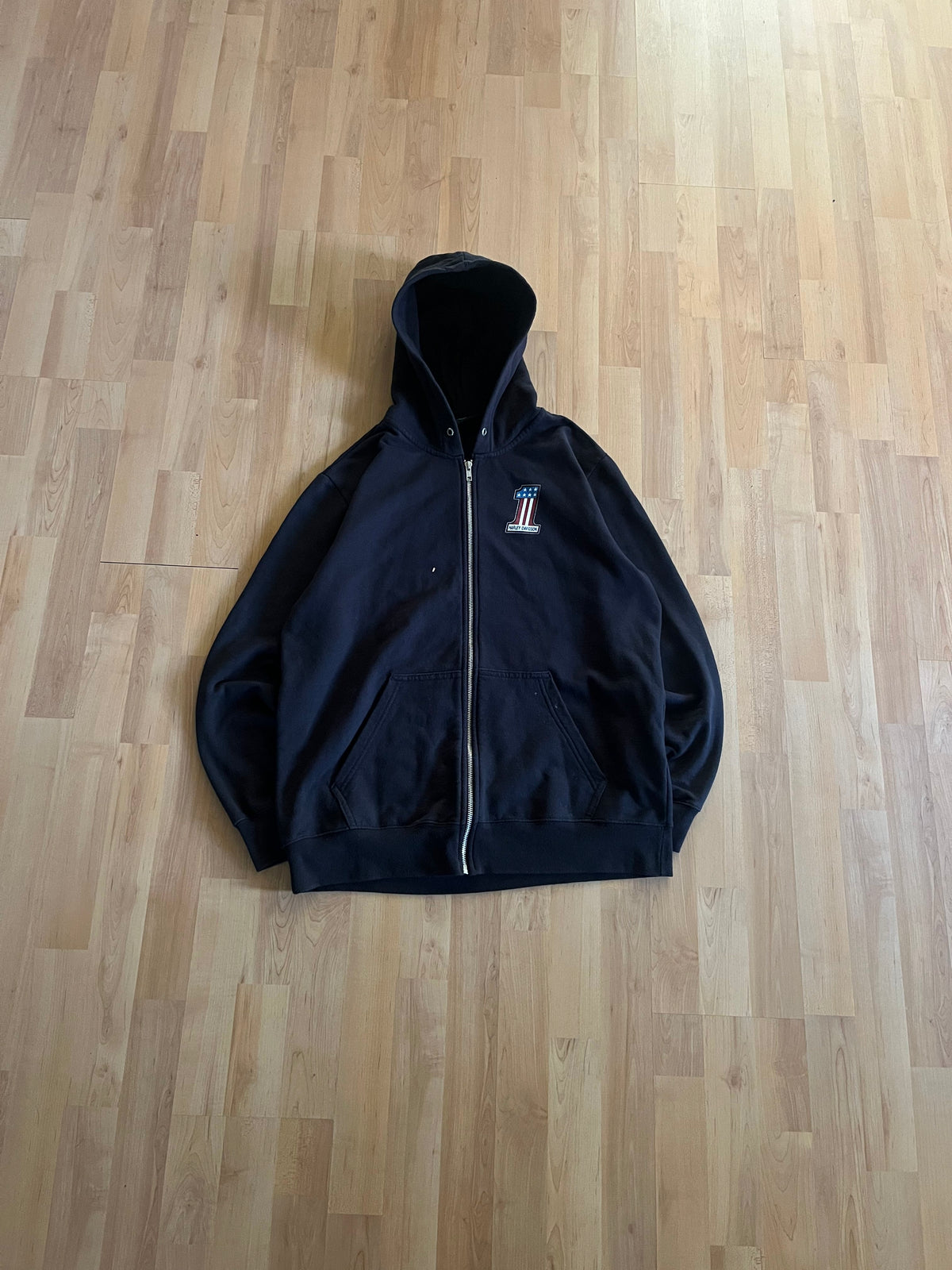 Y2K Black ''1'' American Flag Heavyweight Harley Davidson Bikewear Hoodie (M)