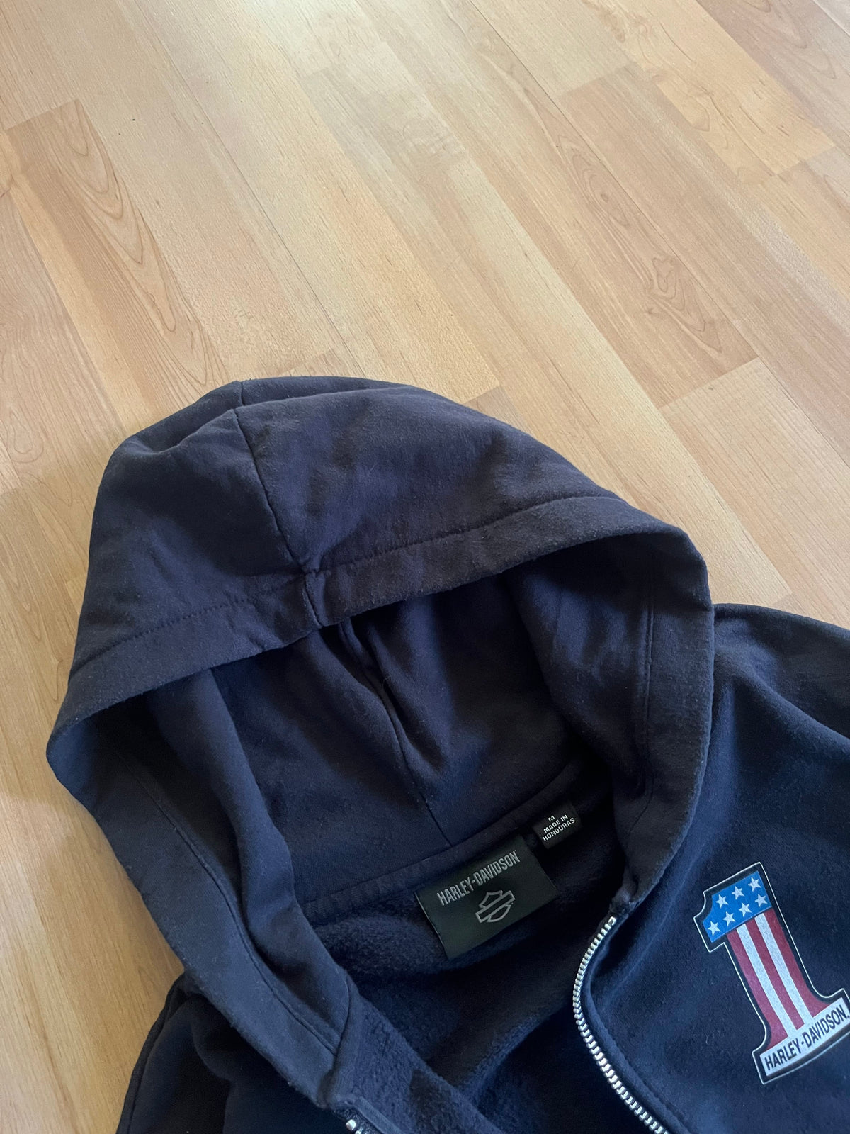 Y2K Black ''1'' American Flag Heavyweight Harley Davidson Bikewear Hoodie (M)