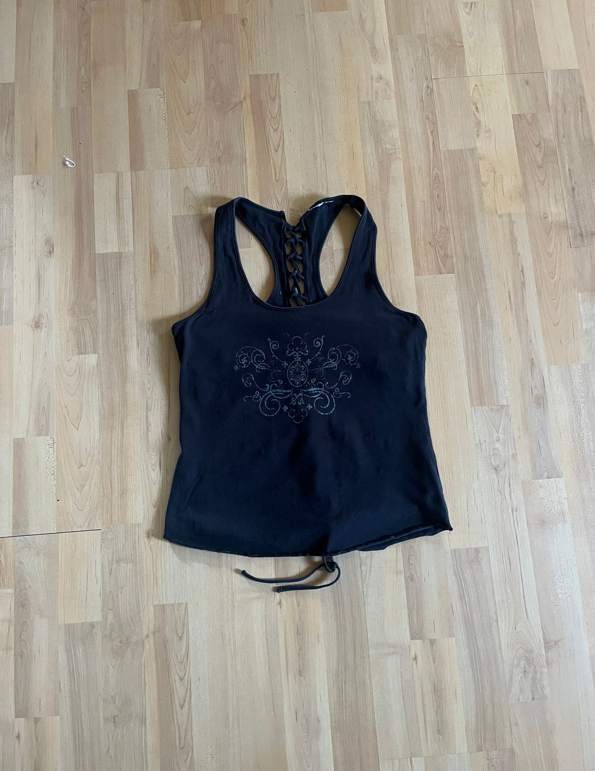 Y2K Black Medallion Graphic Corset-Laced Racerback Womens Top (M)
