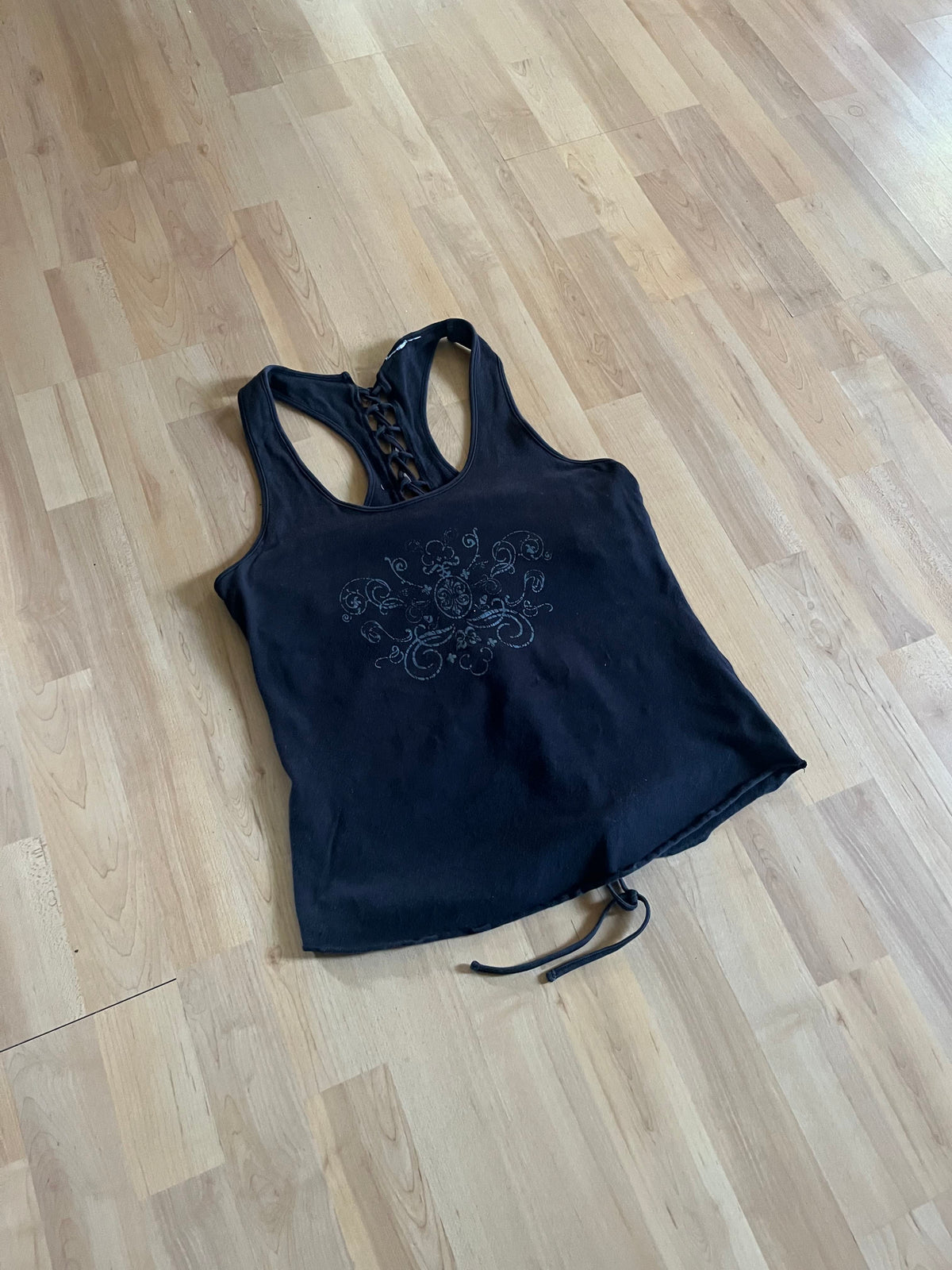 Y2K Black Medallion Graphic Corset-Laced Racerback Womens Top (M)