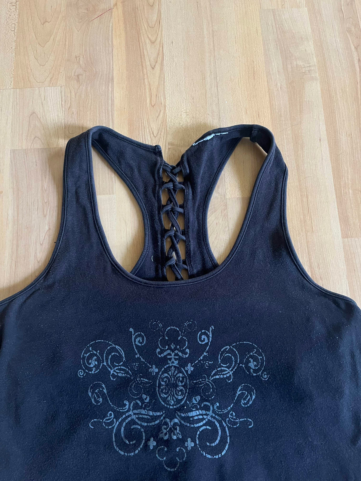 Y2K Black Medallion Graphic Corset-Laced Racerback Womens Top (M)