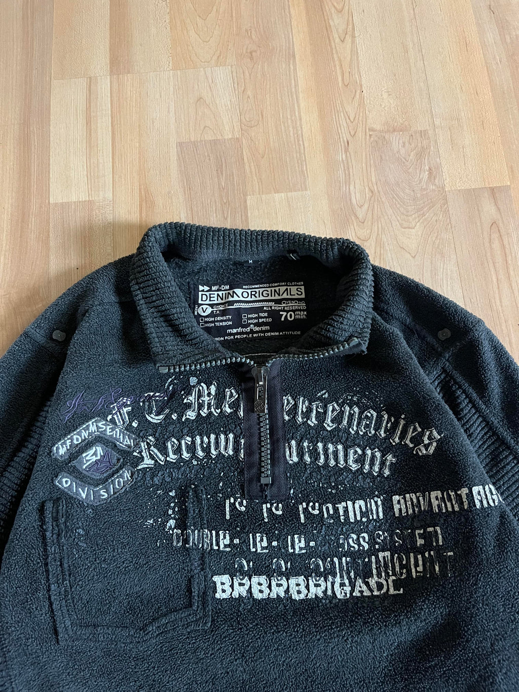 Y2K Dark Grey Grunge Manfred Denim Heavyweight Quarter-Zip Fleece (M)