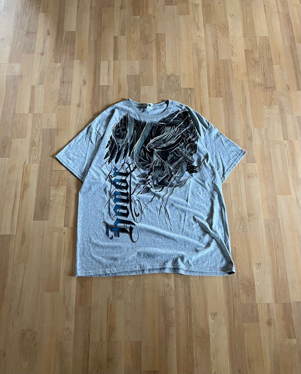 Y2K Grey Grunge Honor Print Eagle Graphic Heavyweight T-Shirt (XL)