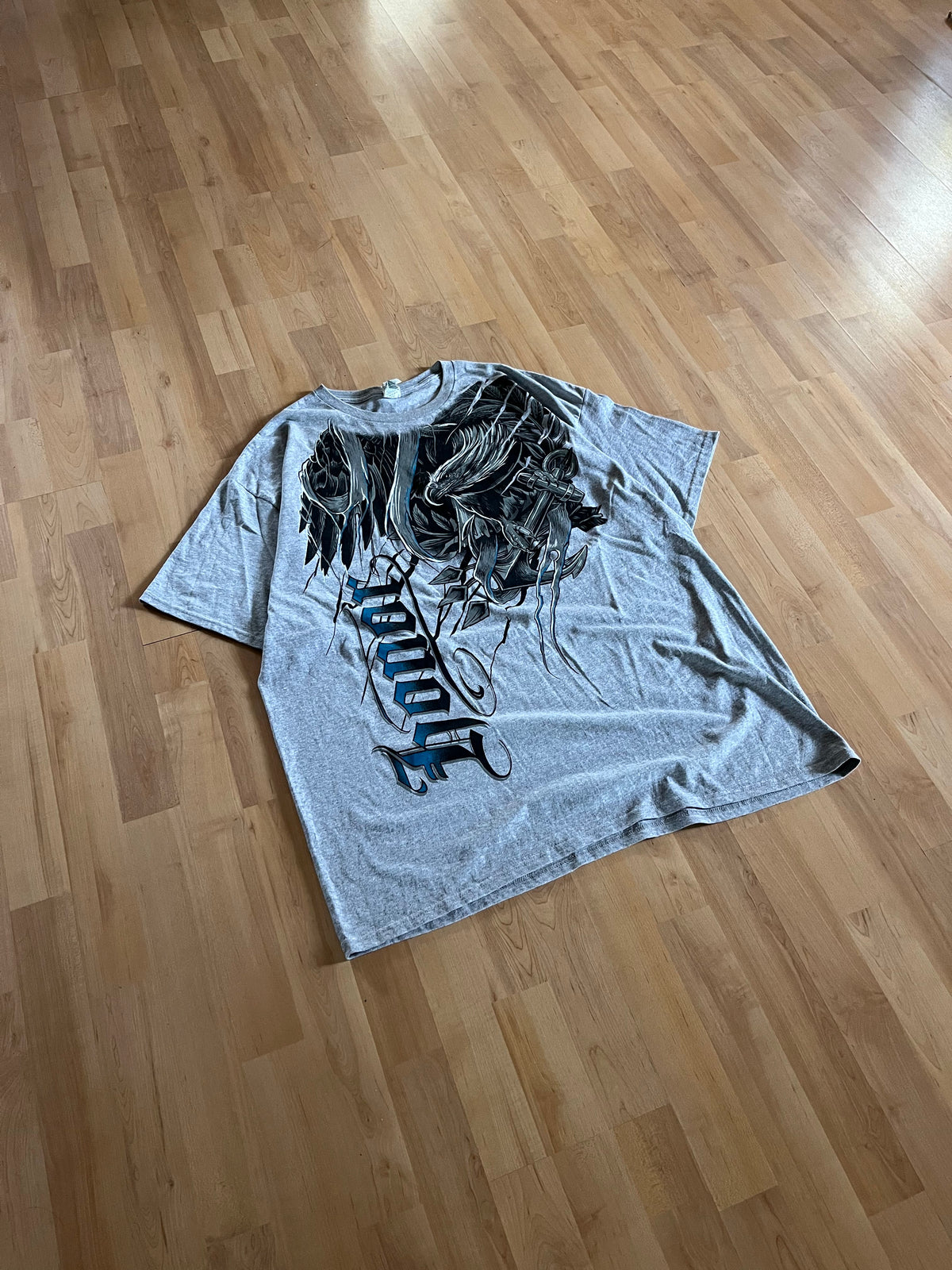 Y2K Grey Grunge Honor Print Eagle Graphic Heavyweight T-Shirt (XL)