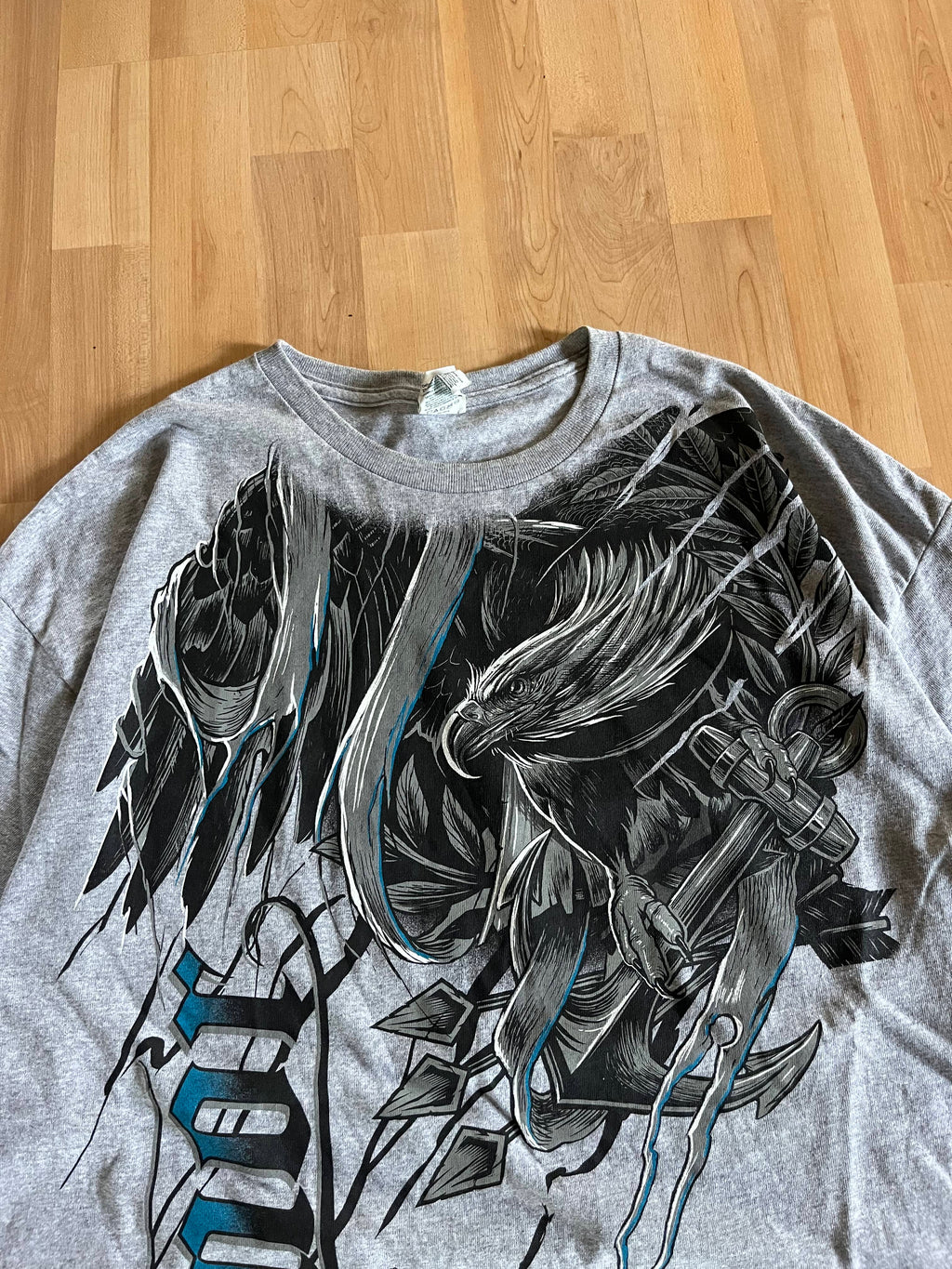 Y2K Grey Grunge Honor Print Eagle Graphic Heavyweight T-Shirt (XL)