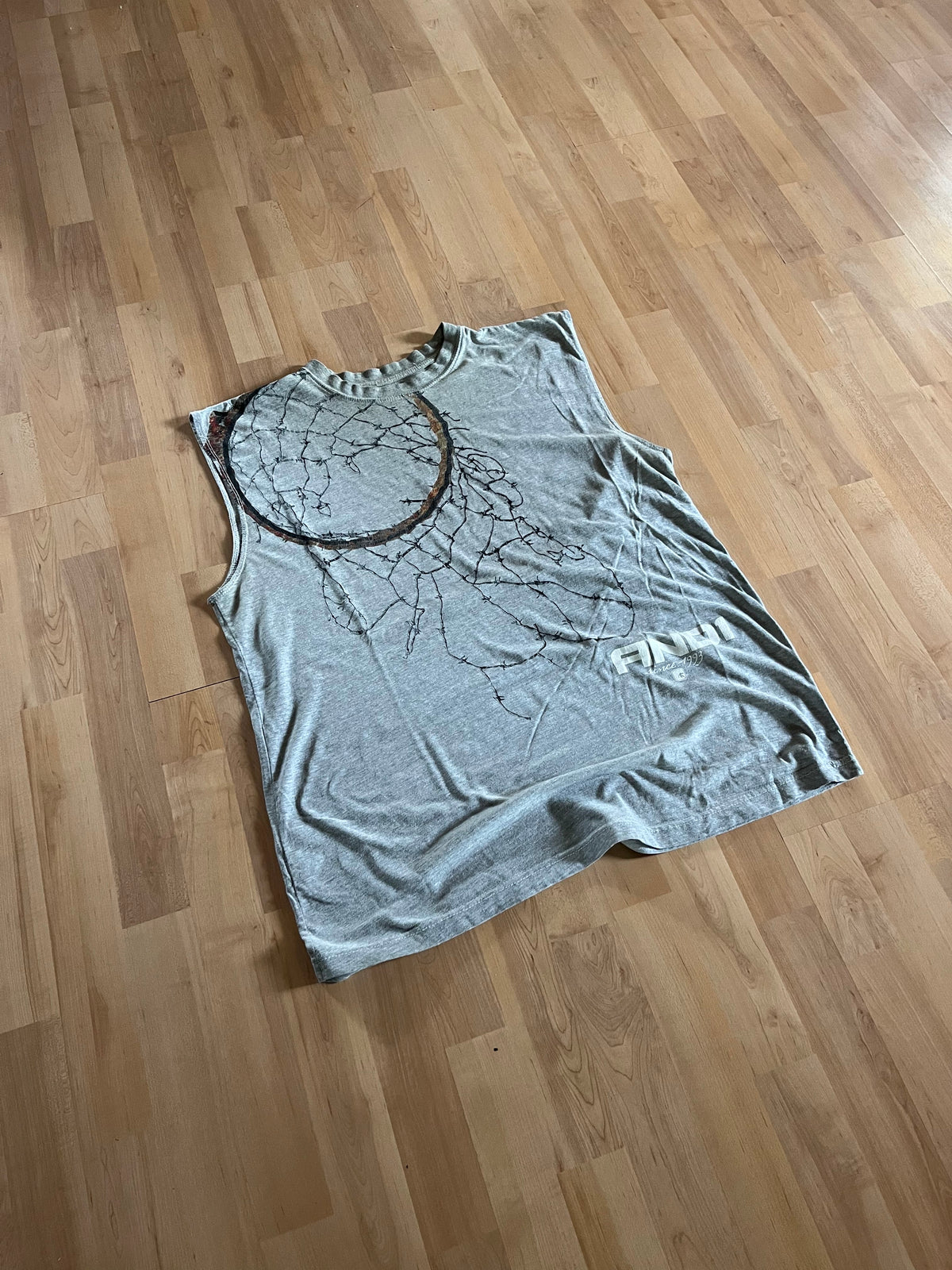 Y2K AND1 Heather Grey Rusted Hoop & Barbed Wire Graphic Tank Top (L)