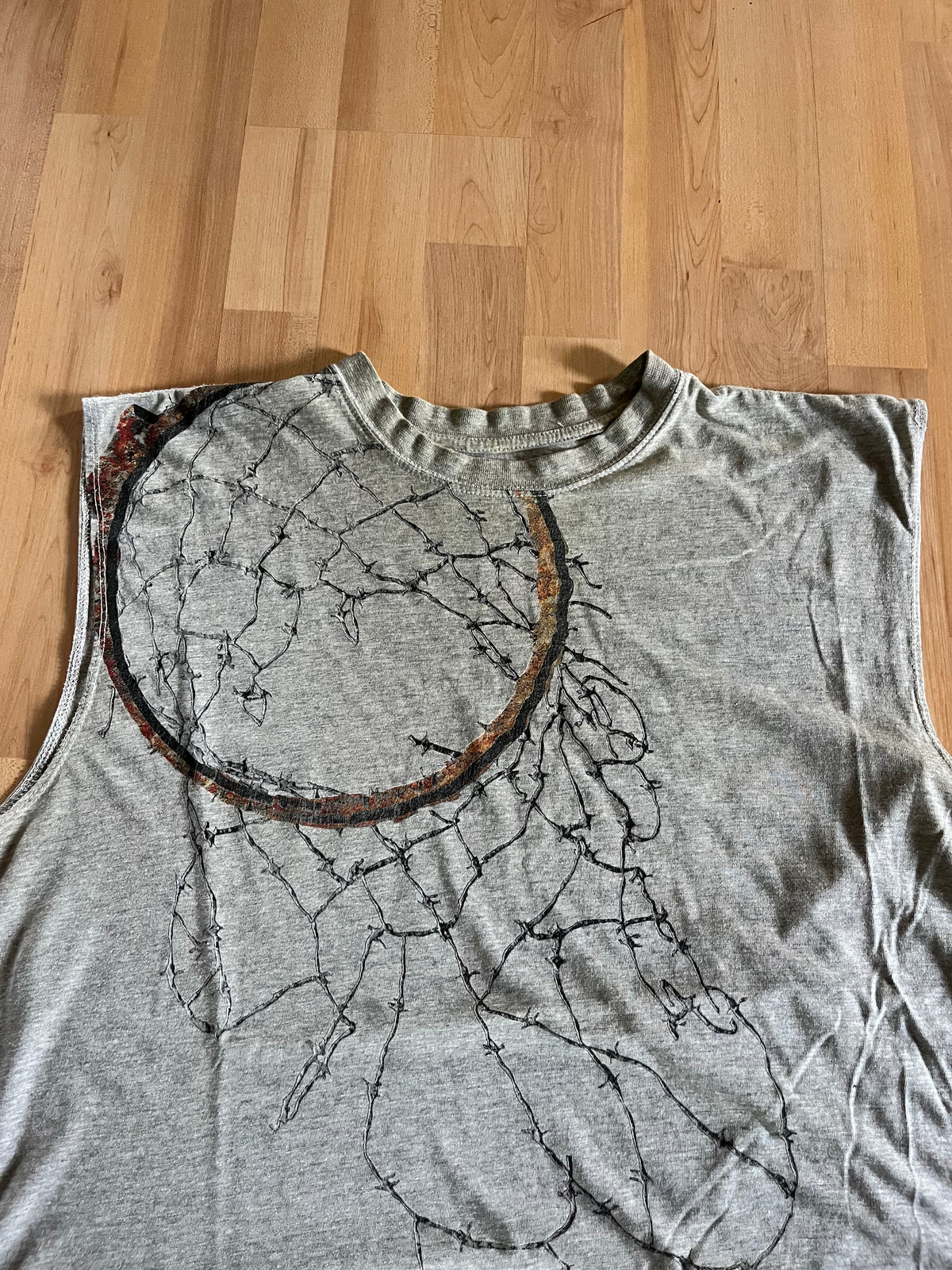 Y2K AND1 Heather Grey Rusted Hoop & Barbed Wire Graphic Tank Top (L)