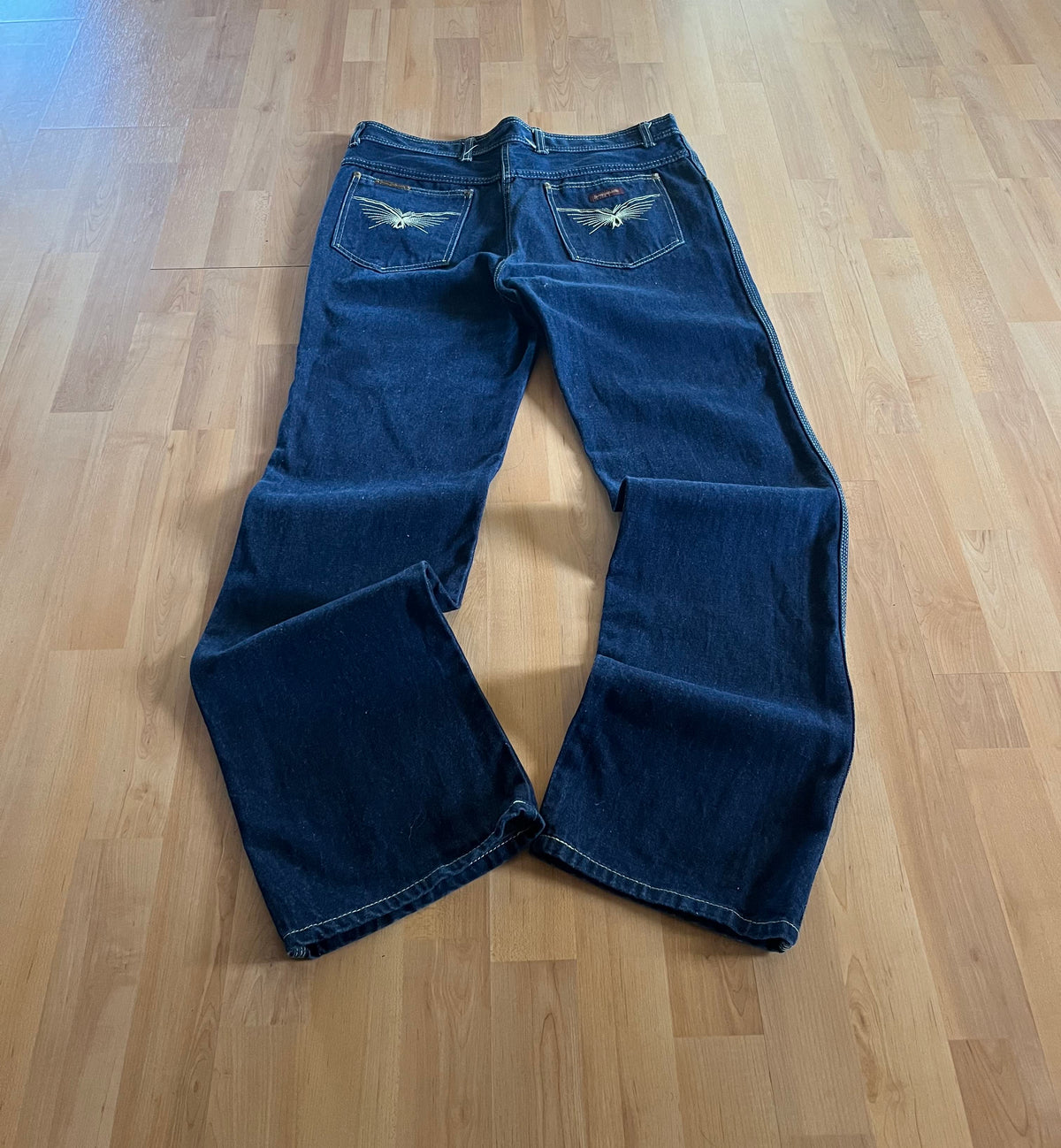 Y2K Dark Blue Jean Gabrielle Wing Embroidered Baggy Denim Jeans (W36)