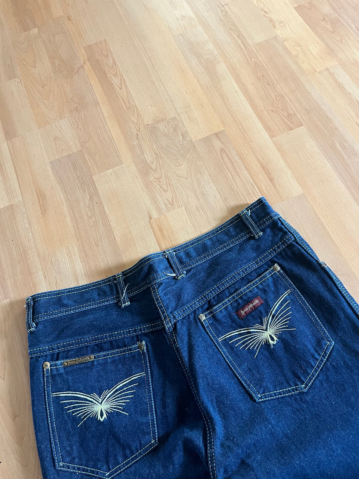Y2K Dark Blue Jean Gabrielle Wing Embroidered Baggy Denim Jeans (W36)