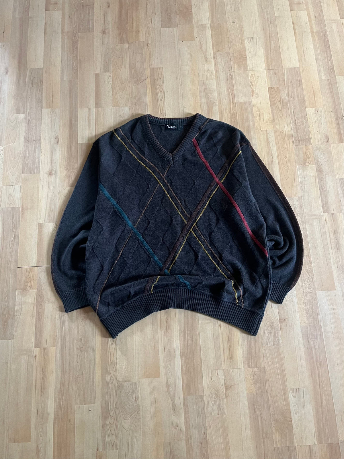 90s Charcoal Tosani Diamon Graphic V-Neck Knit Sweater (XL)
