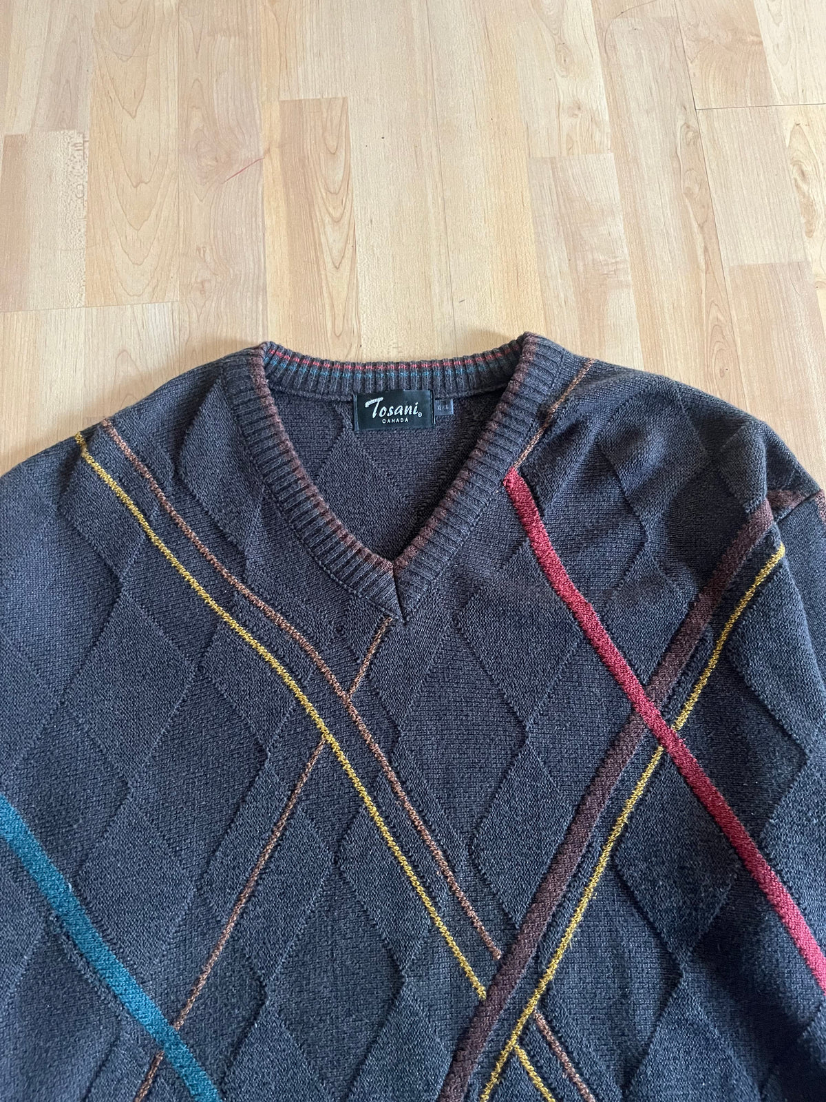 90s Charcoal Tosani Diamon Graphic V-Neck Knit Sweater (XL)