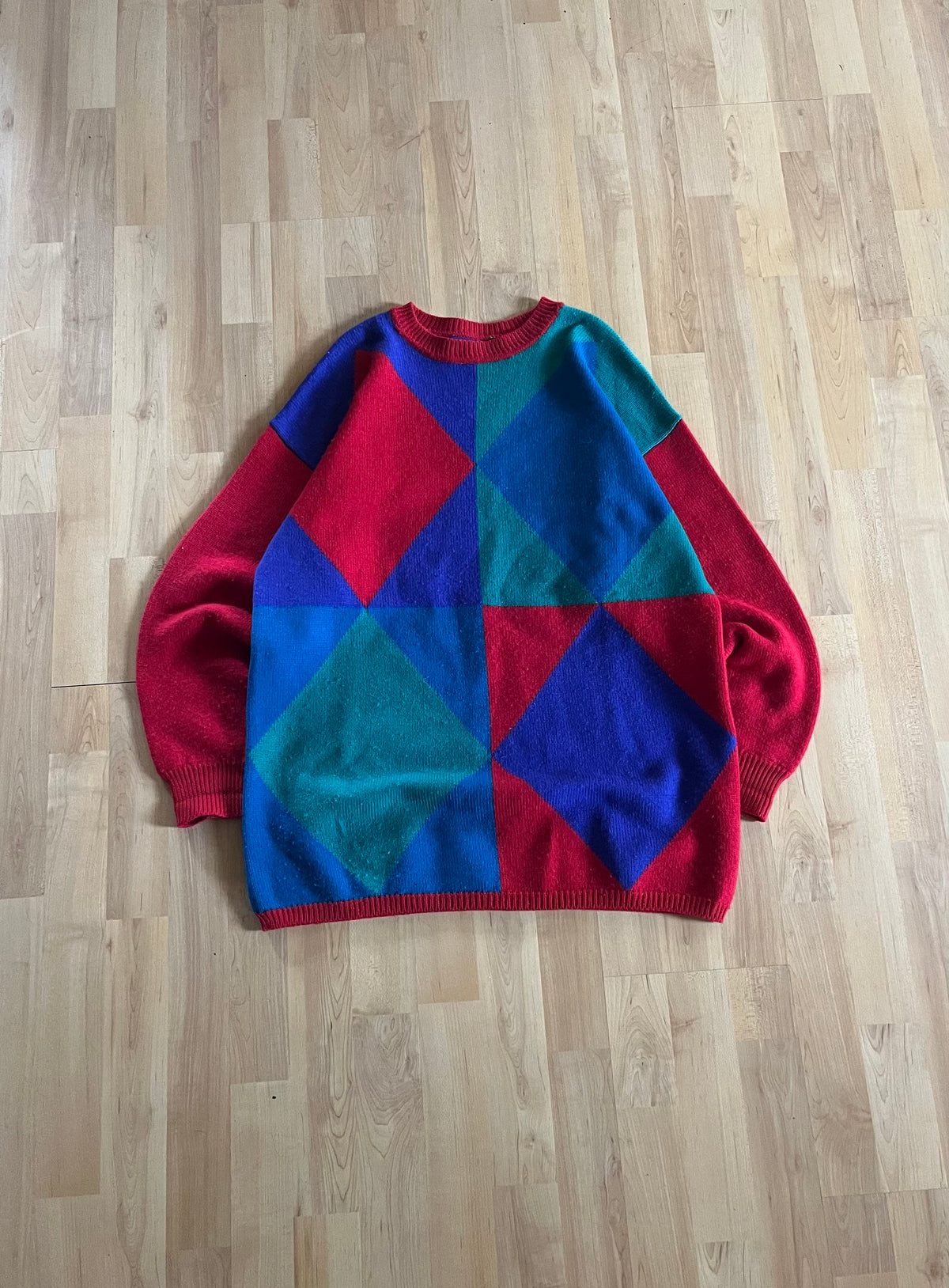 90s Vibrant Colorblock Diamond Merino Wool Knit Sweater (M)