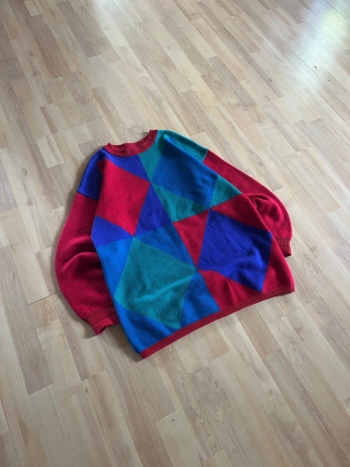 90s Vibrant Colorblock Diamond Merino Wool Knit Sweater (M)