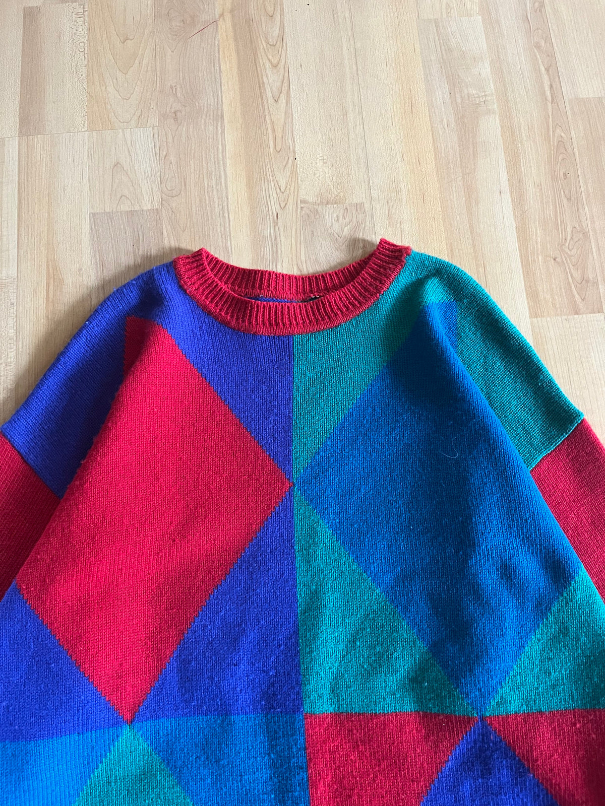 90s Vibrant Colorblock Diamond Merino Wool Knit Sweater (M)