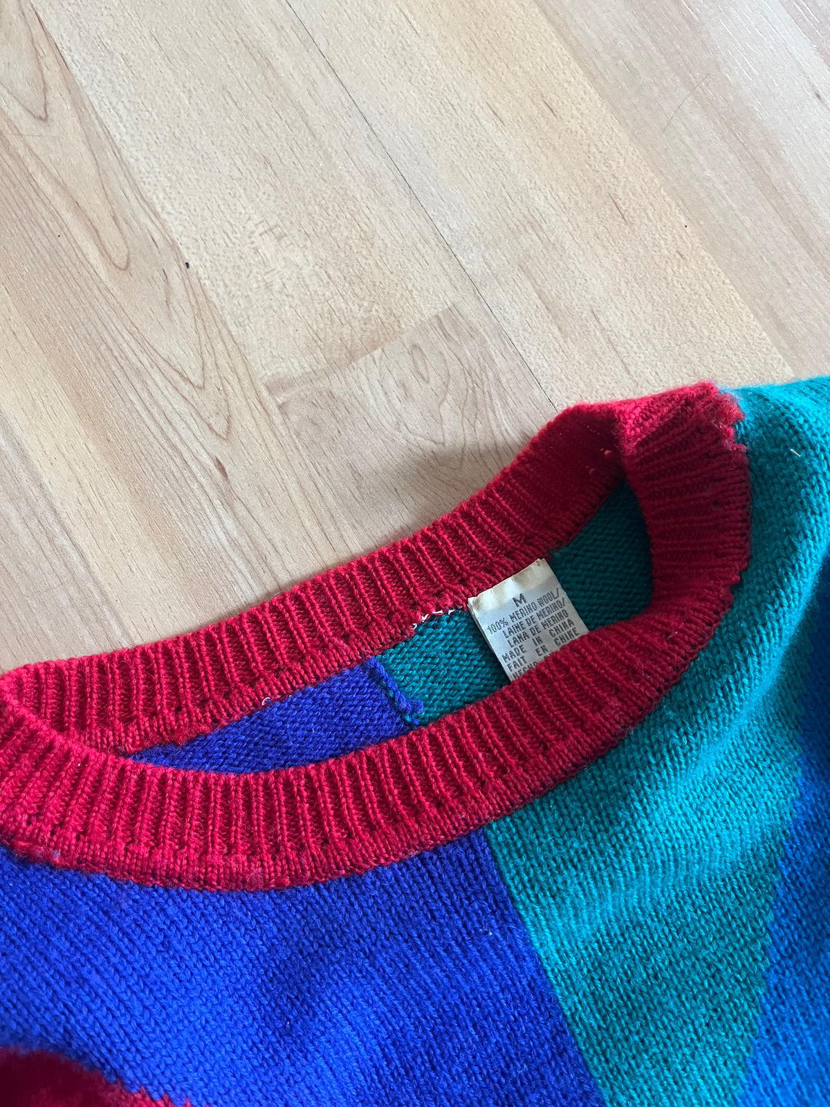 90s Vibrant Colorblock Diamond Merino Wool Knit Sweater (M)