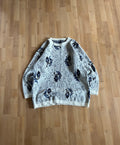 90s White & Blue Flower Pattern Knit Sweater (L)