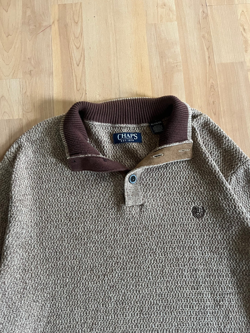 00s Chaps Light Brown Waffle Knit Henley Button-Up Knitwear (XL)