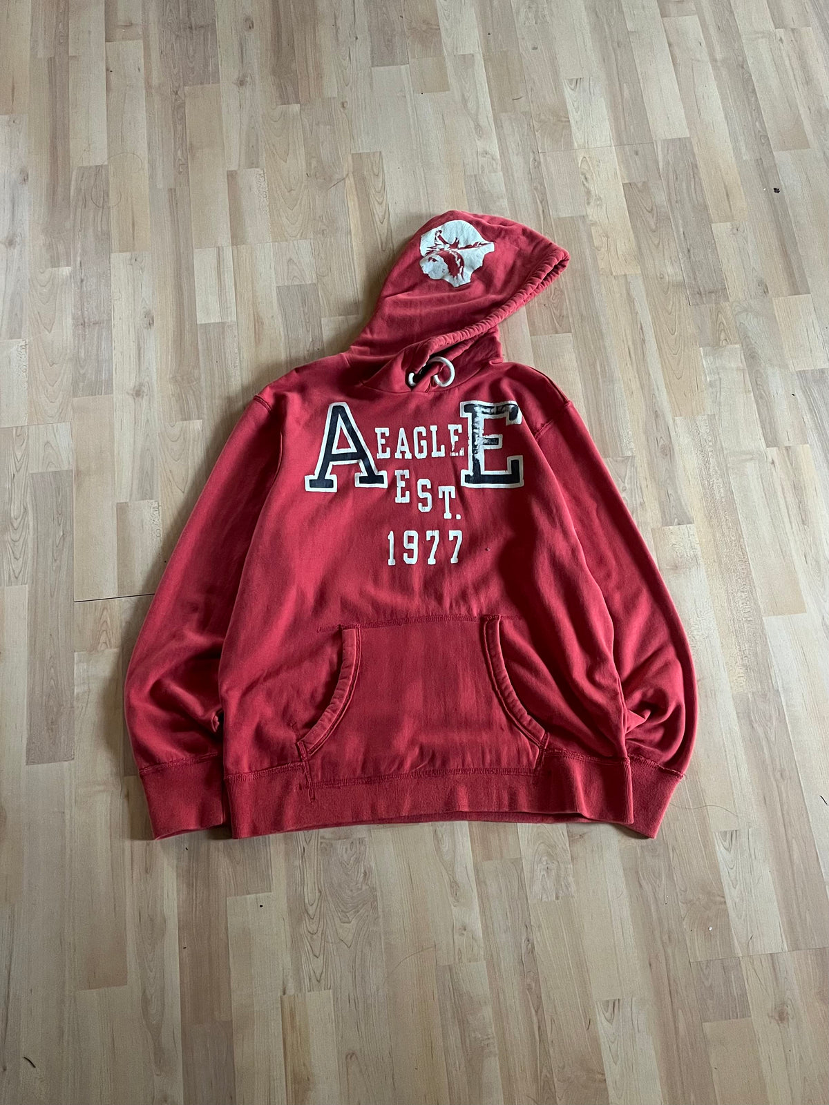 Y2K Red & White American Eagle AE 1977 Varsity Style Hoodie (XL)