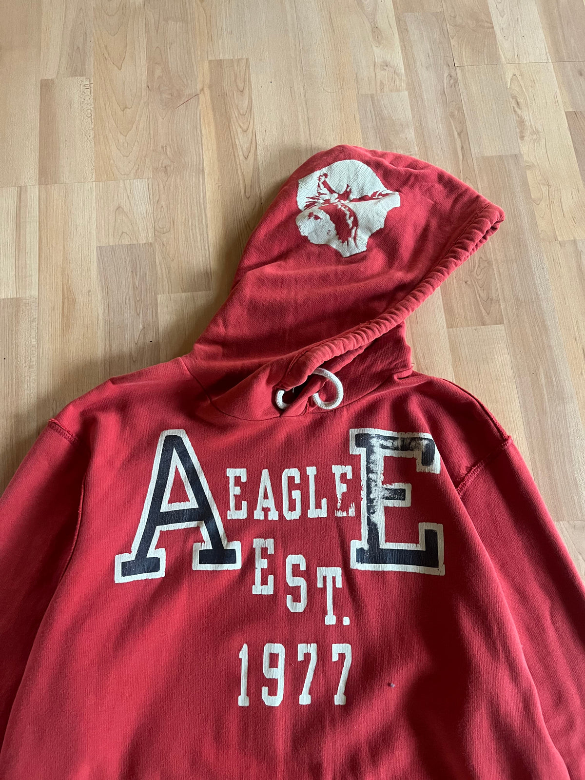 Y2K Red & White American Eagle AE 1977 Varsity Style Hoodie (XL)
