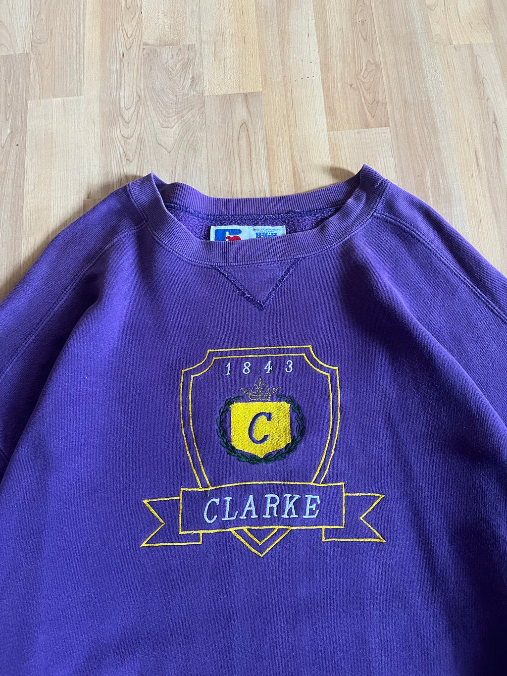 90s Purple Russell Athletic Clarke College Shield Crest Crewneck (XL)