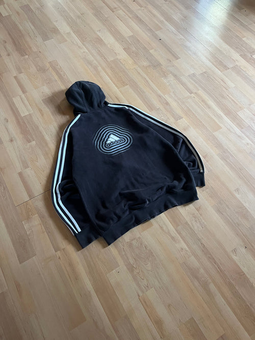 00s Black & White Adidas Cyber Graphic Ripple Back Zip-Up Hoodie (S)