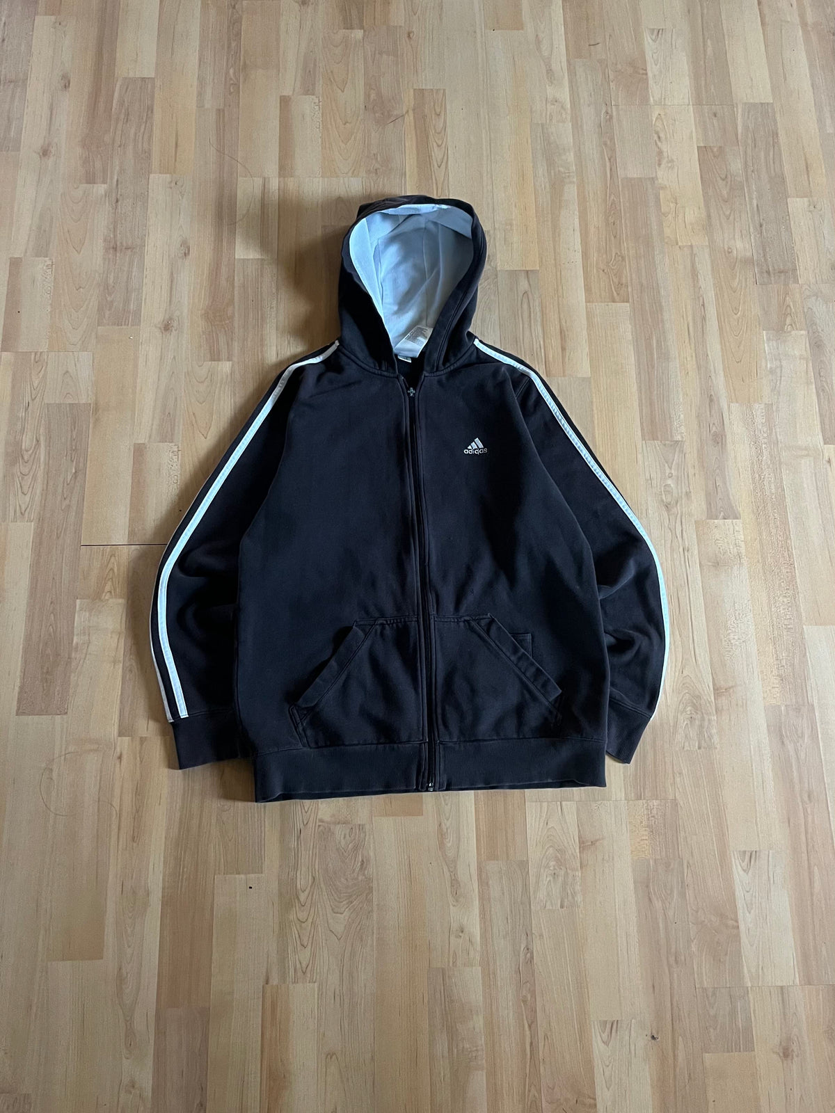 00s Black & White Adidas Cyber Graphic Ripple Back Zip-Up Hoodie (S)
