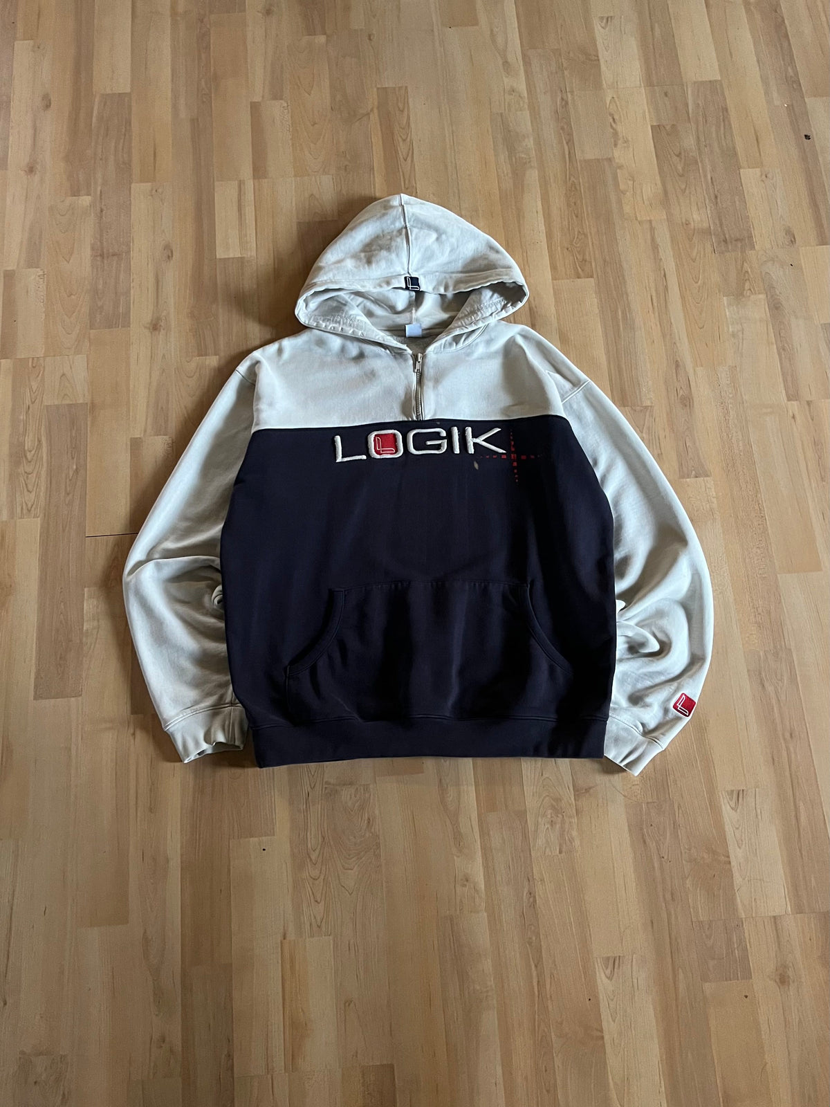 90s Cream & Navy Skatewear Heavyweight Colorblock Logik Zip-Up Hoodie (L)