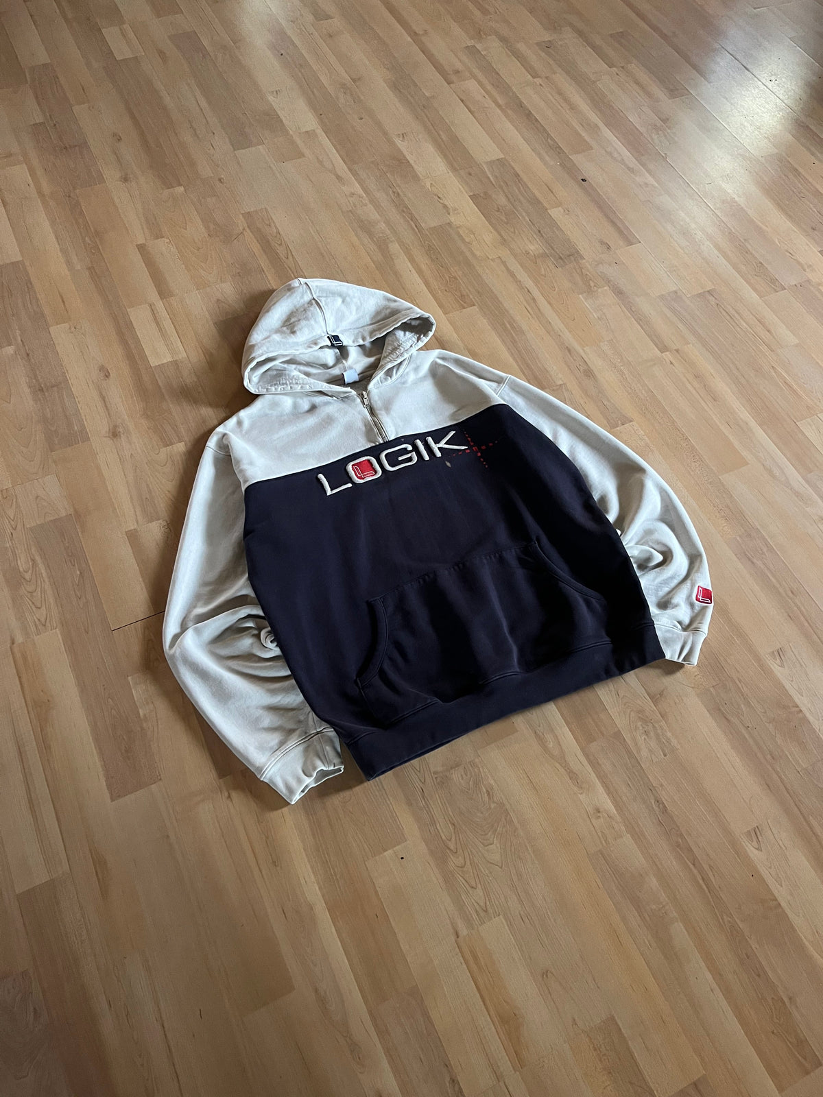 90s Cream & Navy Skatewear Heavyweight Colorblock Logik Zip-Up Hoodie (L)