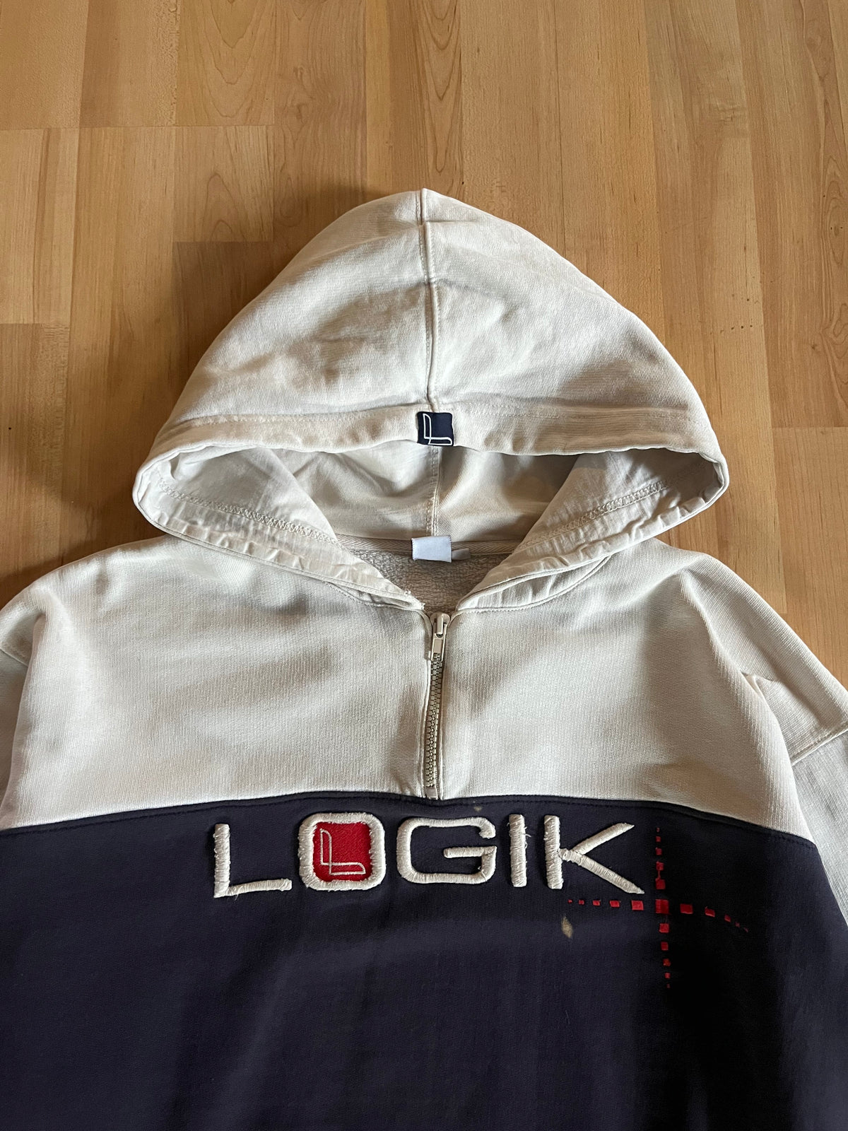 90s Cream & Navy Skatewear Heavyweight Colorblock Logik Zip-Up Hoodie (L)