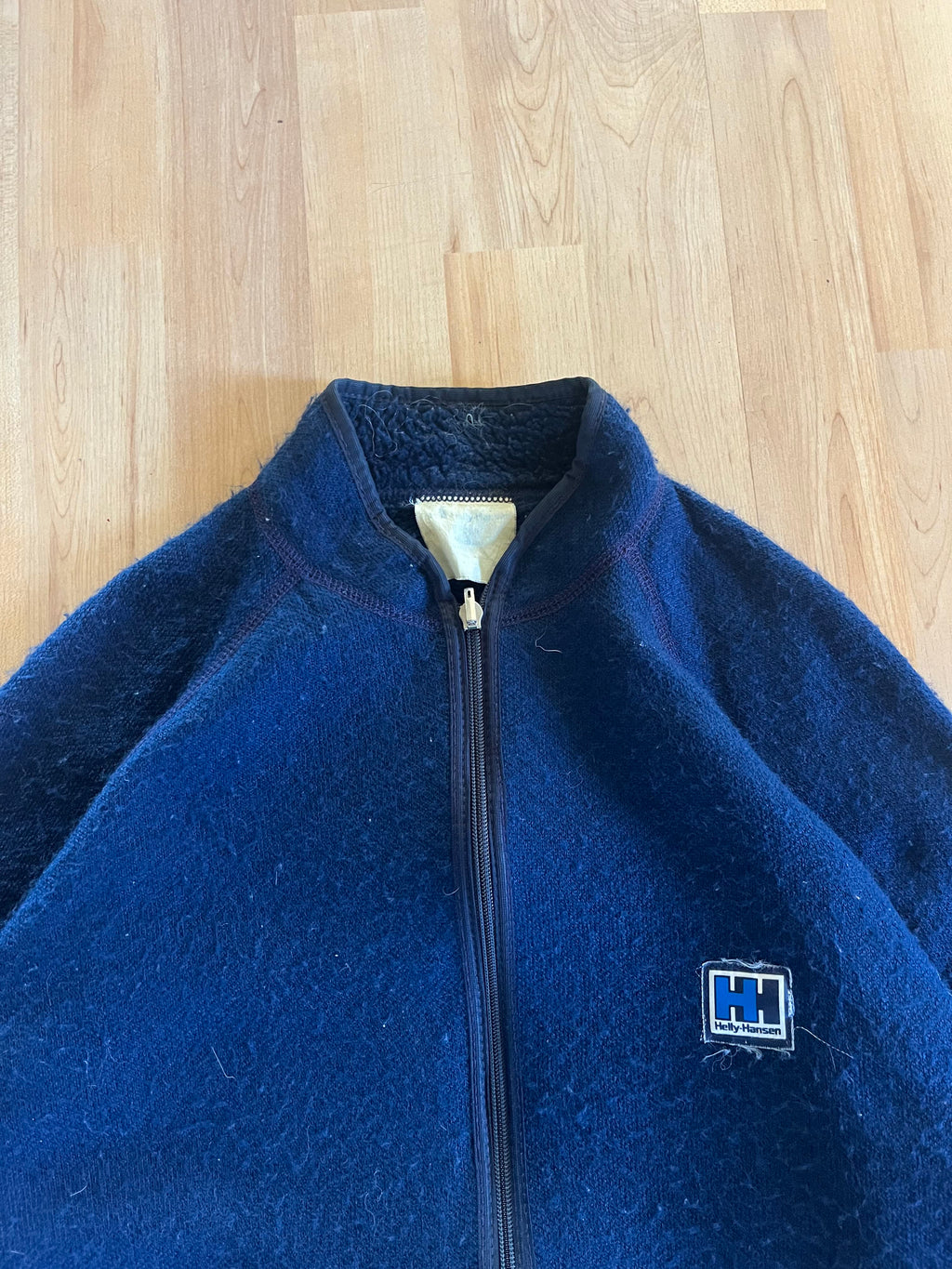 80s Navy Helly Hansen Sherpa Lined Small Logo Zip-Up Fleece Jacket (S)