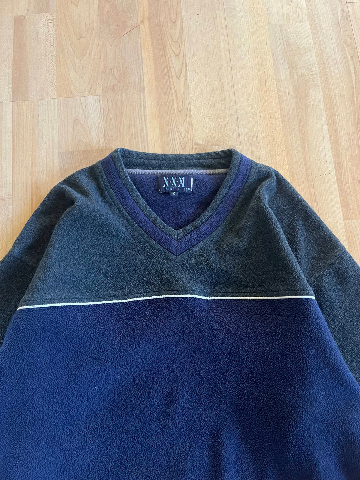 90s  Le Trent Et Un Navy & Grey Colorblock V-Neck Fleece (L)