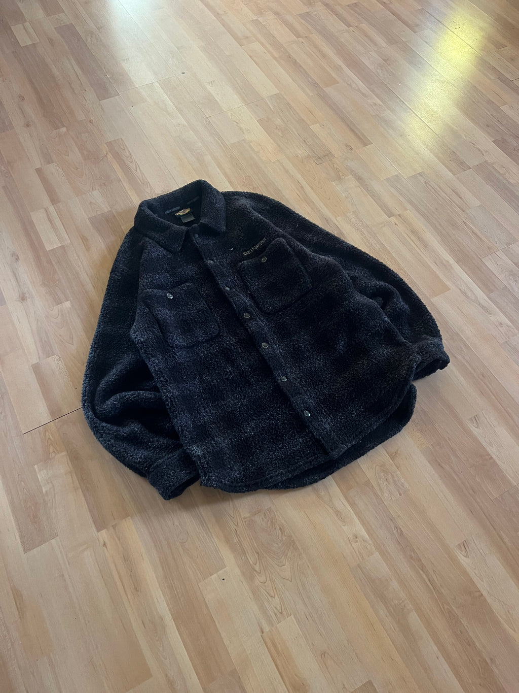 00s Black & Grey Harley Davidson Plaid Button Up Fleece (L)