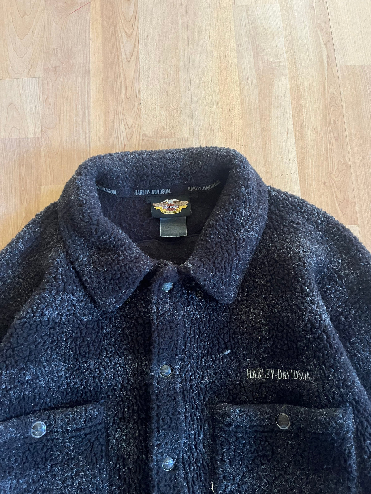 00s Black & Grey Harley Davidson Plaid Button Up Fleece (L)