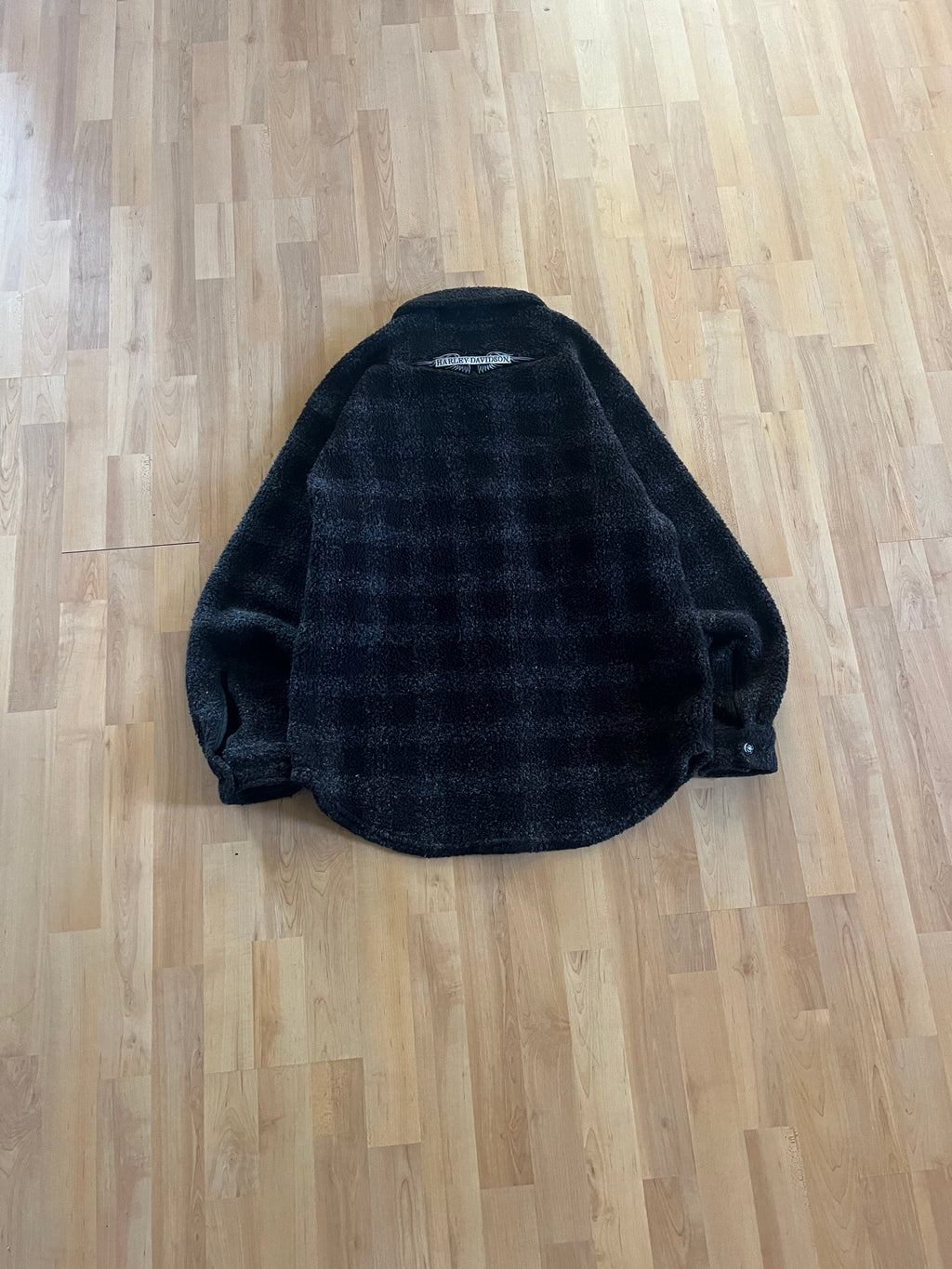 00s Black & Grey Harley Davidson Plaid Button Up Fleece (L)