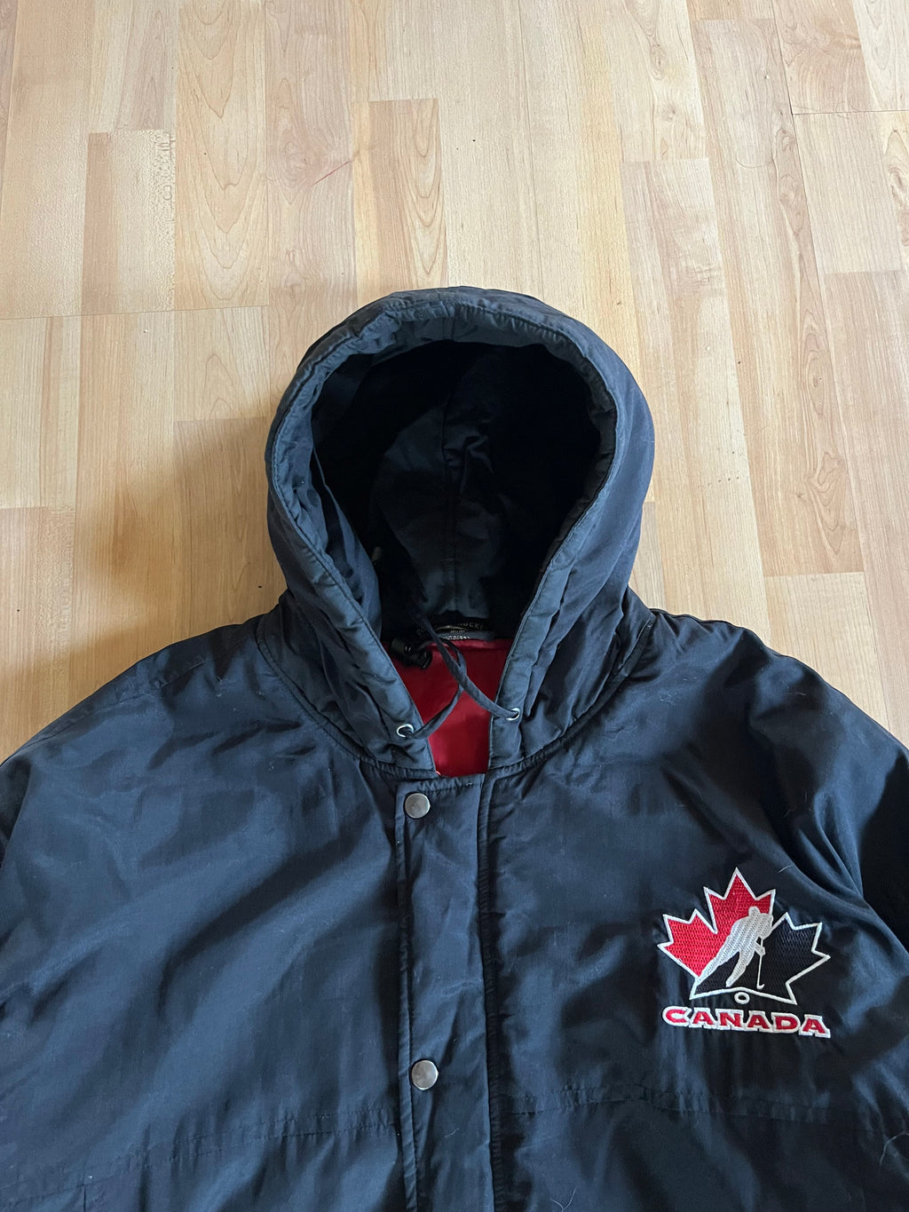 00s Black Team Canada Hockey Embroidered Spellout Winter Bomber Jacket (L)