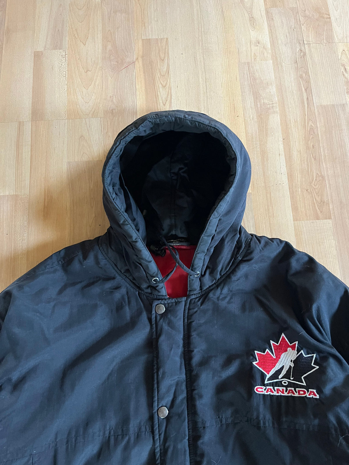 00s Black Team Canada Hockey Embroidered Spellout Winter Bomber Jacket (L)