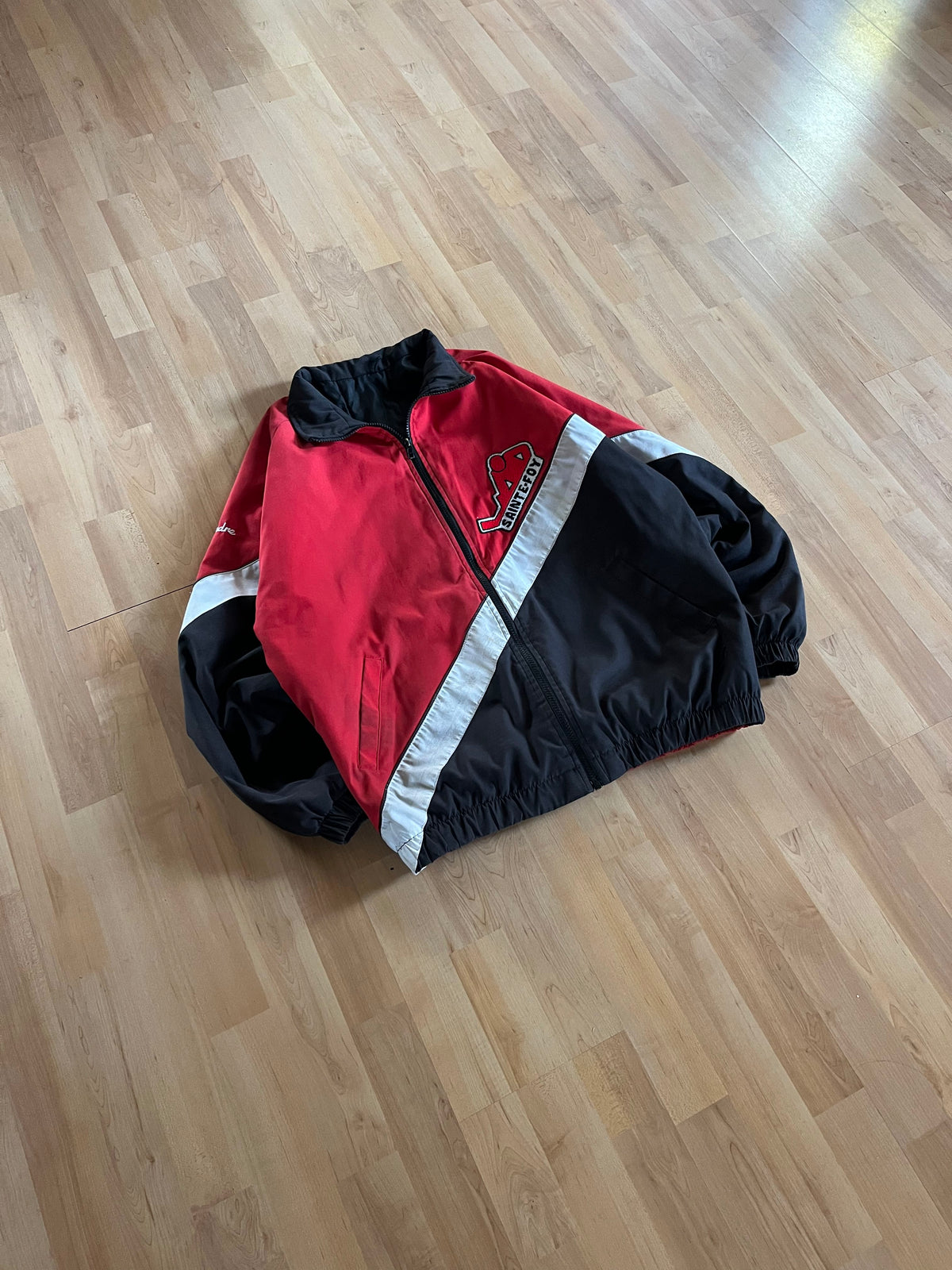 90s Black, Red & White Diagonal Block Sainte-Foy Hockey Bomber Jacket (L)