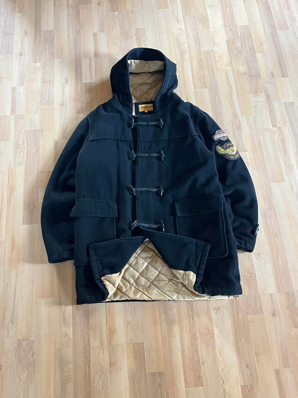 Y2K Black Quilted Gold Lining Fireman's Clasp Noize Emboidered Hooded Canvas Coat (XL)