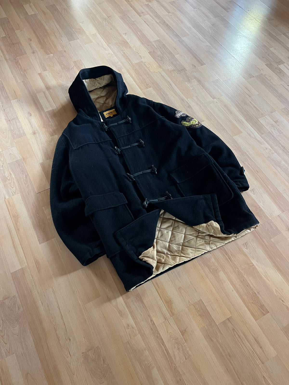 Y2K Black Quilted Gold Lining Fireman's Clasp Noize Emboidered Hooded Canvas Coat (XL)