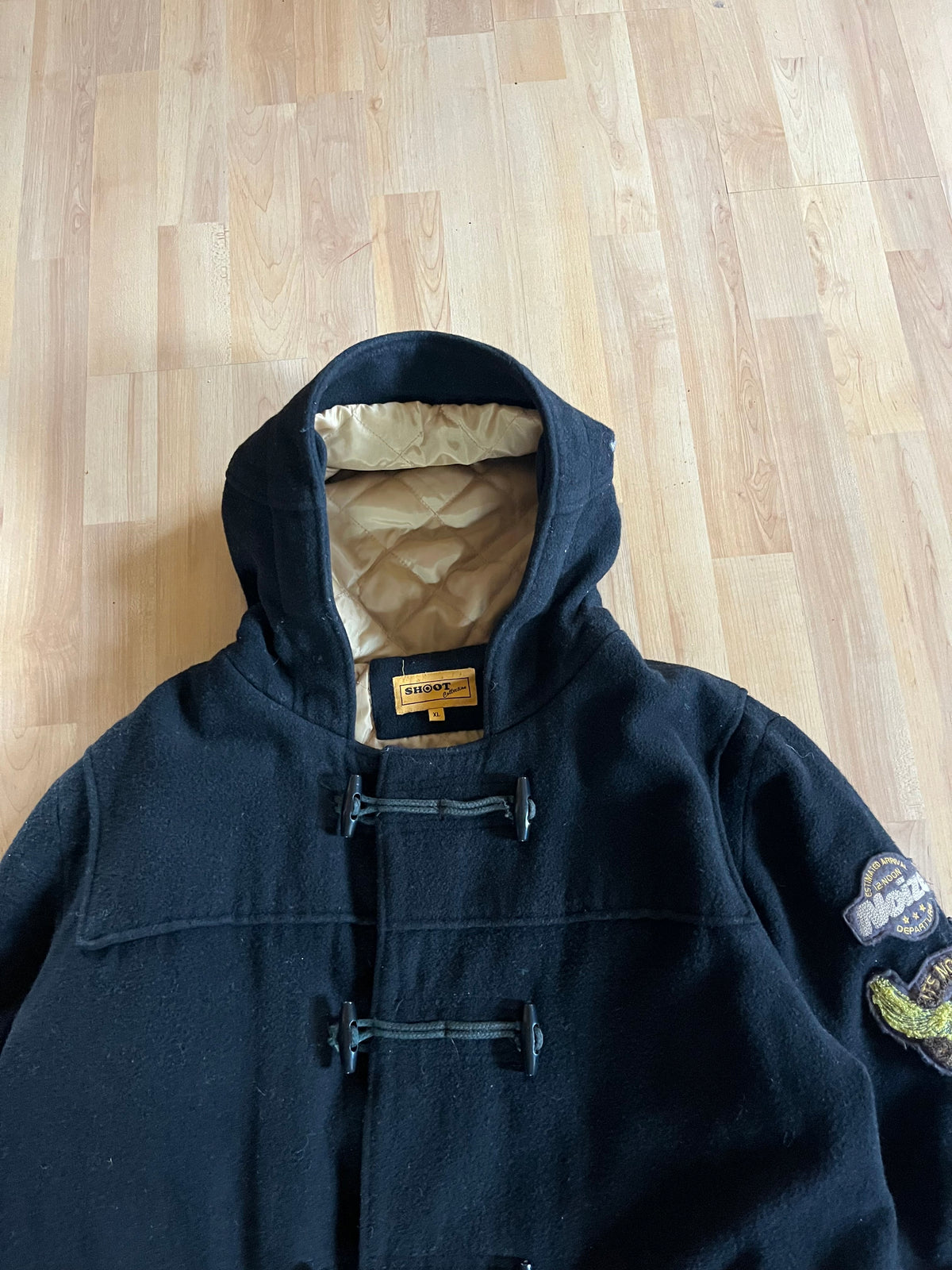 Y2K Black Quilted Gold Lining Fireman's Clasp Noize Emboidered Hooded Canvas Coat (XL)