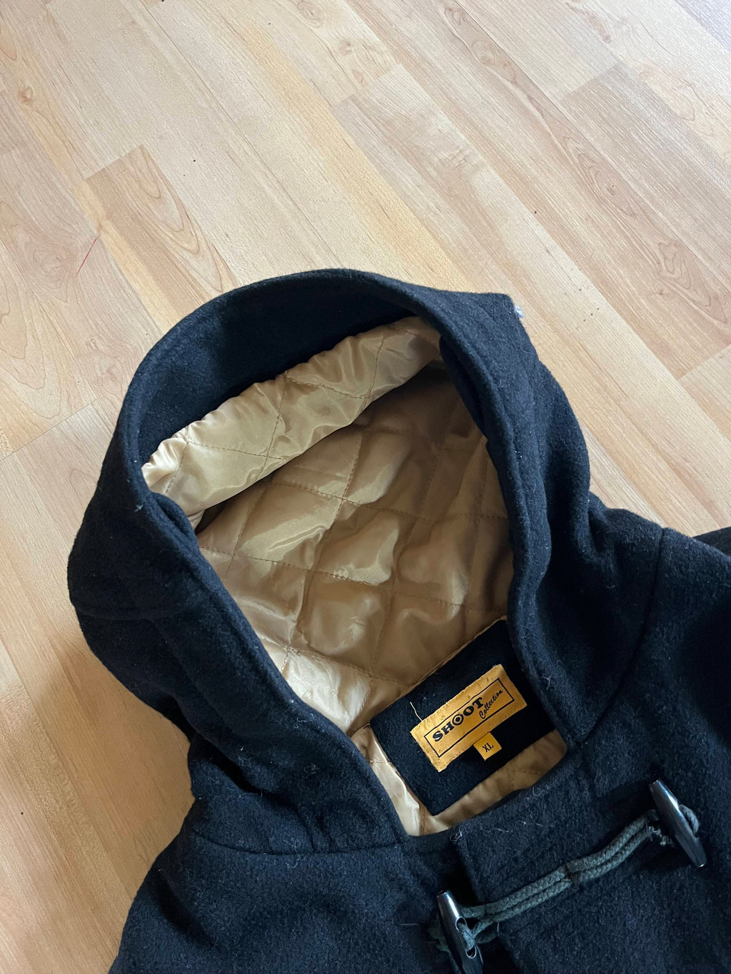 Y2K Black Quilted Gold Lining Fireman's Clasp Noize Emboidered Hooded Canvas Coat (XL)