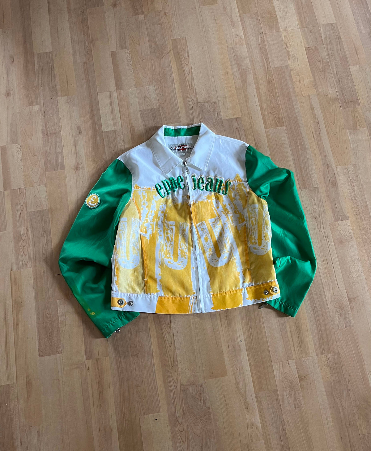Y2K Green, White & Yellow Eppe Jeans Cyber Punk Splash Graphic Zip-Up Windbreaker (XS)