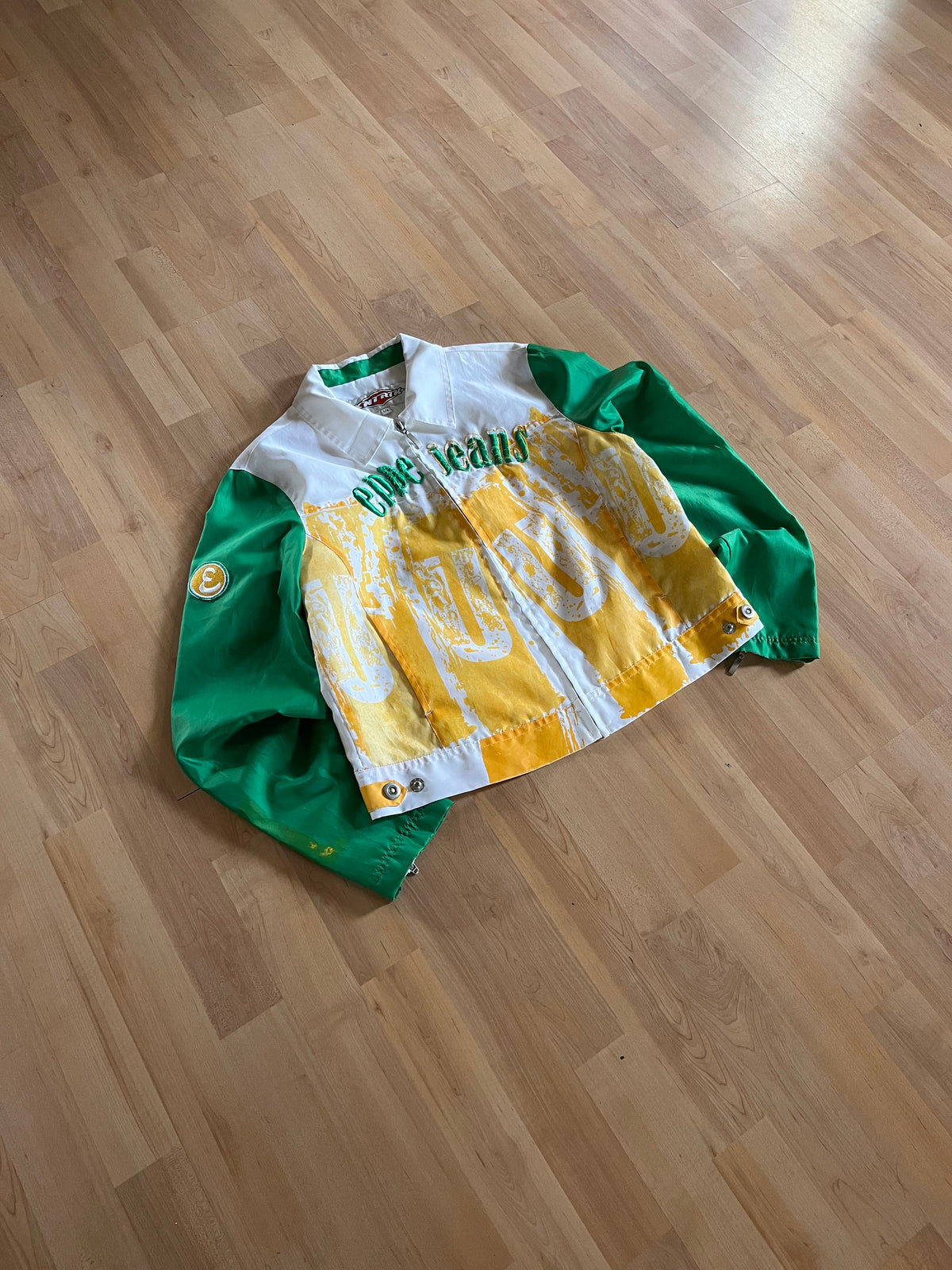 Y2K Green, White & Yellow Eppe Jeans Cyber Punk Splash Graphic Zip-Up Windbreaker (XS)