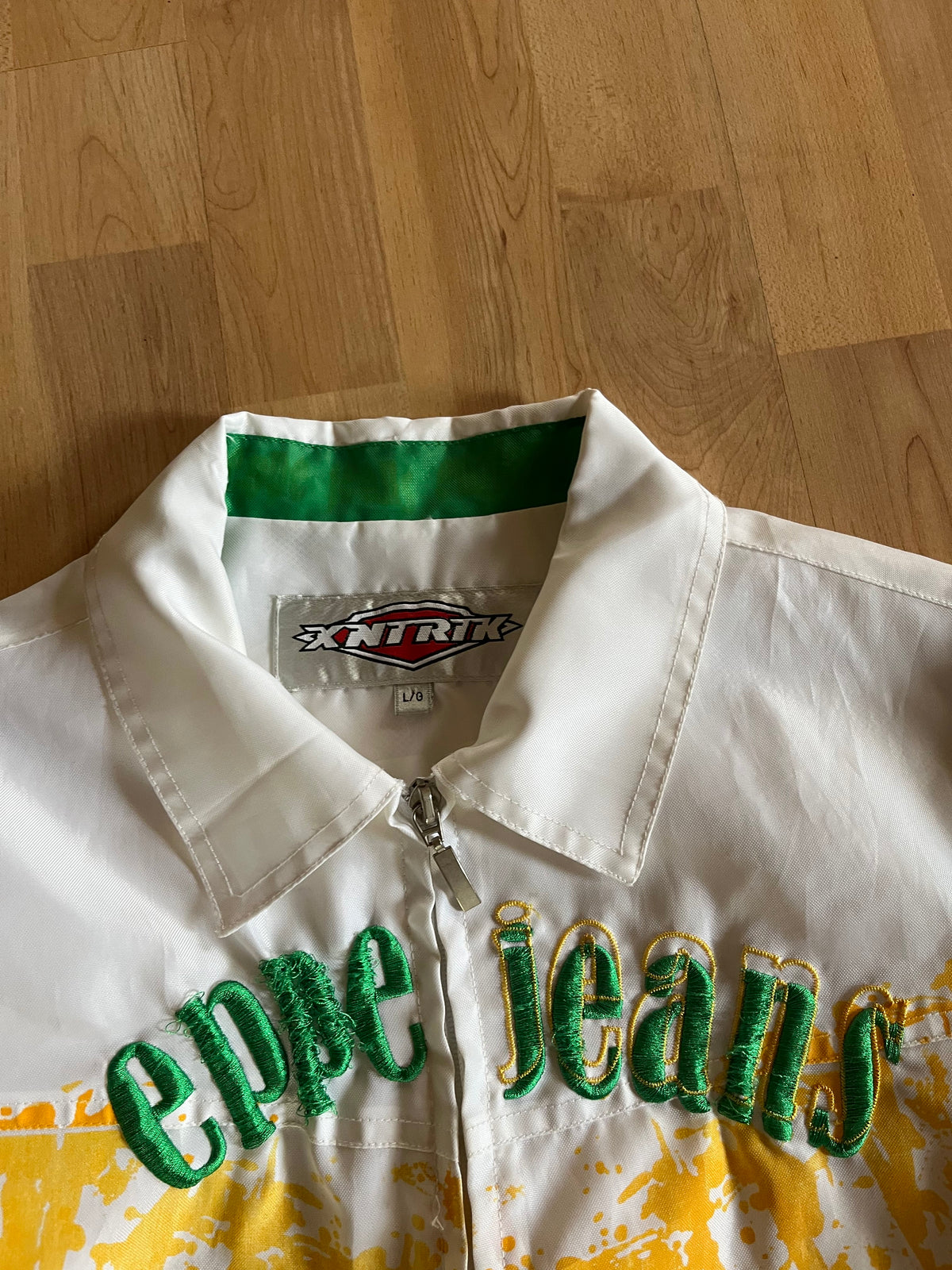 Y2K Green, White & Yellow Eppe Jeans Cyber Punk Splash Graphic Zip-Up Windbreaker (XS)